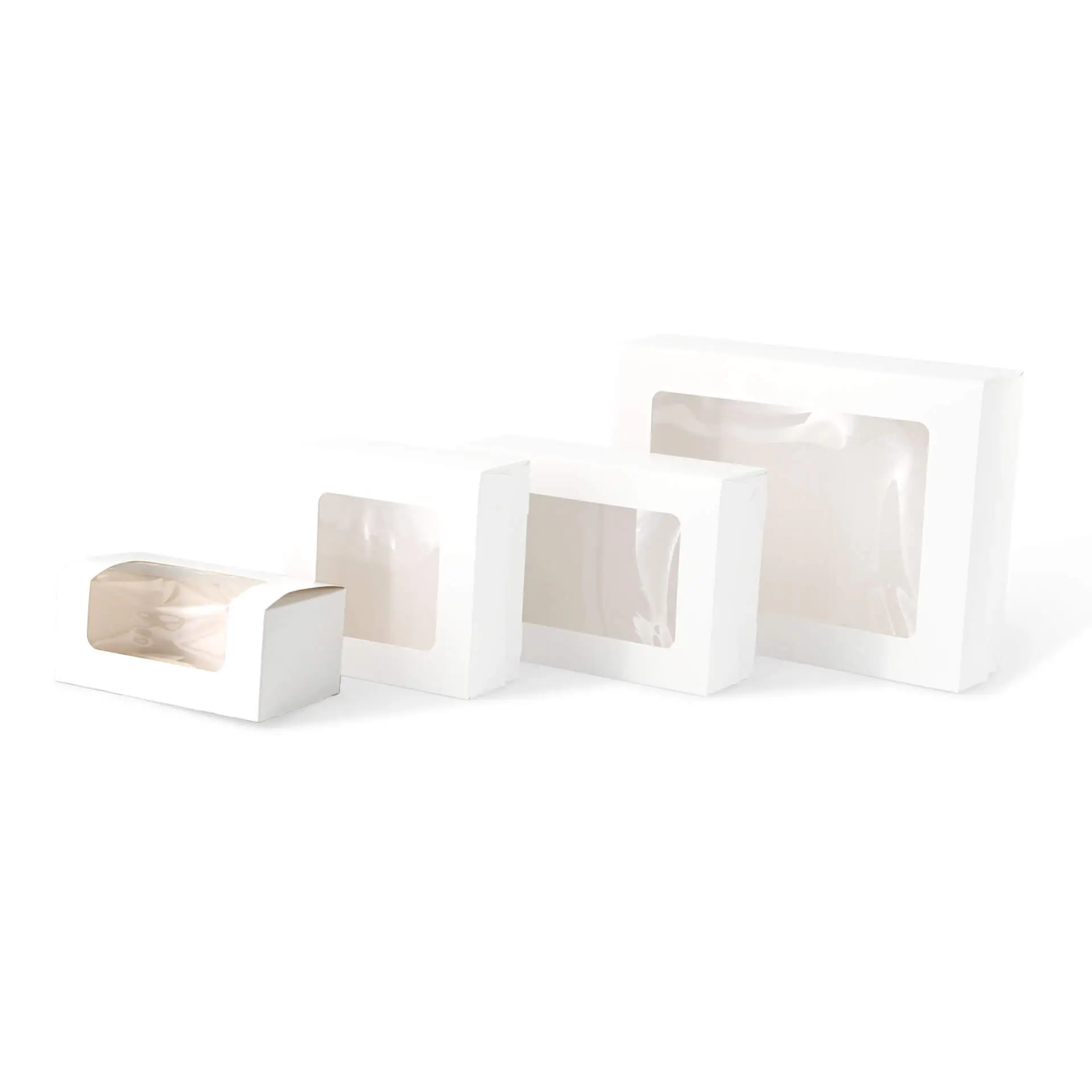 Set of four white cupcake boxes with cellulose windows, suitable for various baked goods.