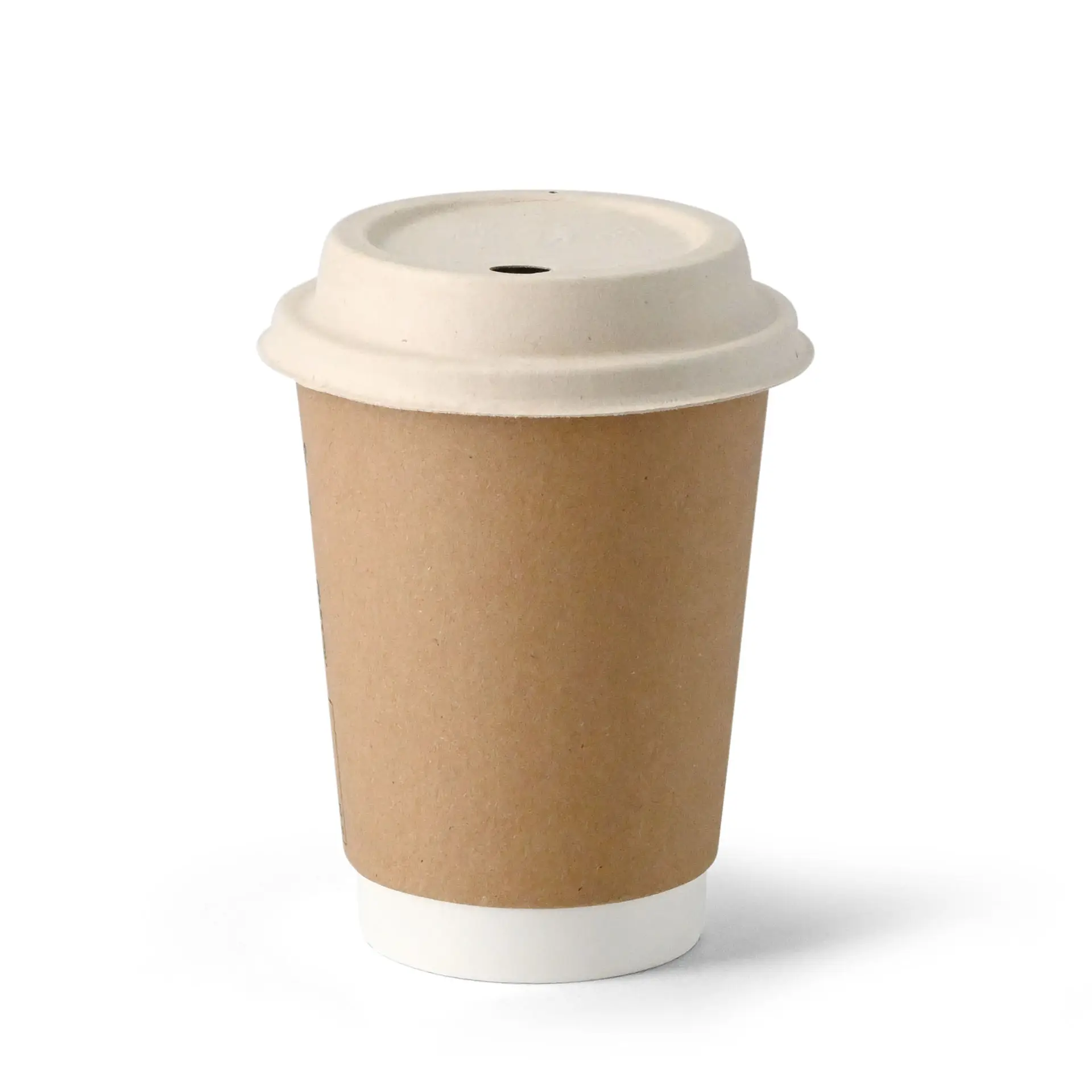 Brown sugarcane lid with drinking opening for 90 mm paper cups, designed for hot and cold beverages.