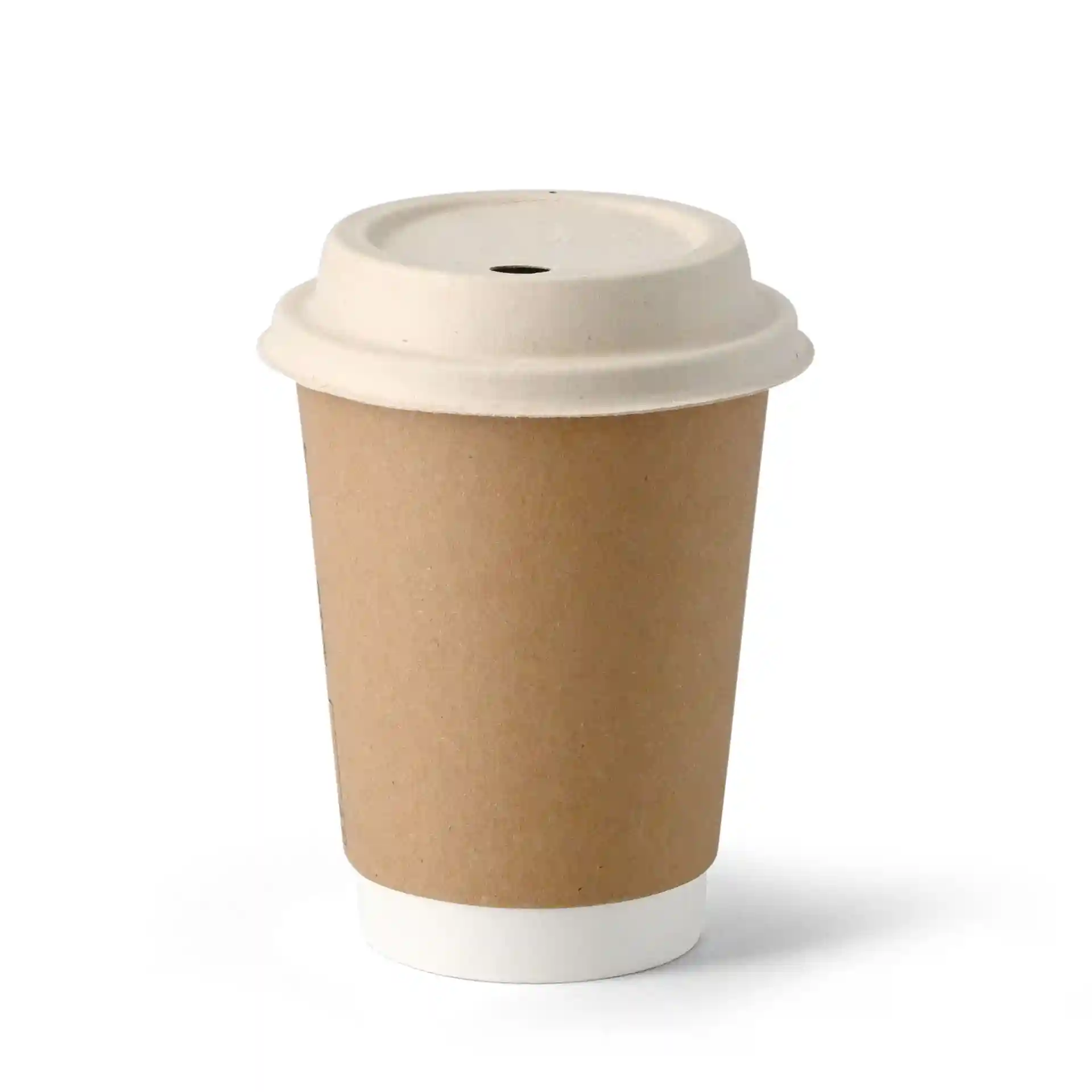 Brown paper cup with a white base and a beige lid, designed for beverages, with a diameter of 90 mm.