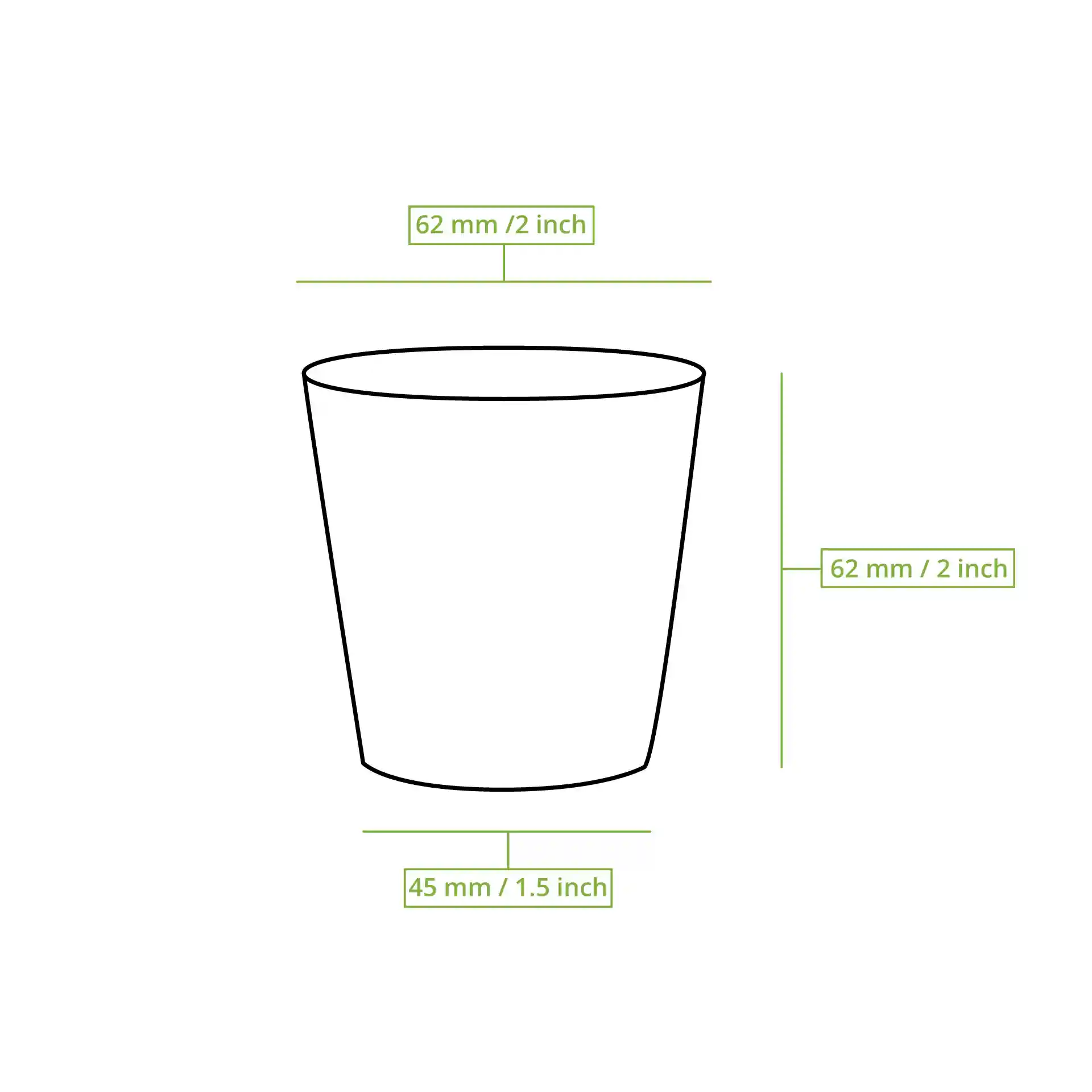 Schematic drawing of a paper cup with dimensions: height 62 mm, diameter 62 mm, and base diameter 45 mm.