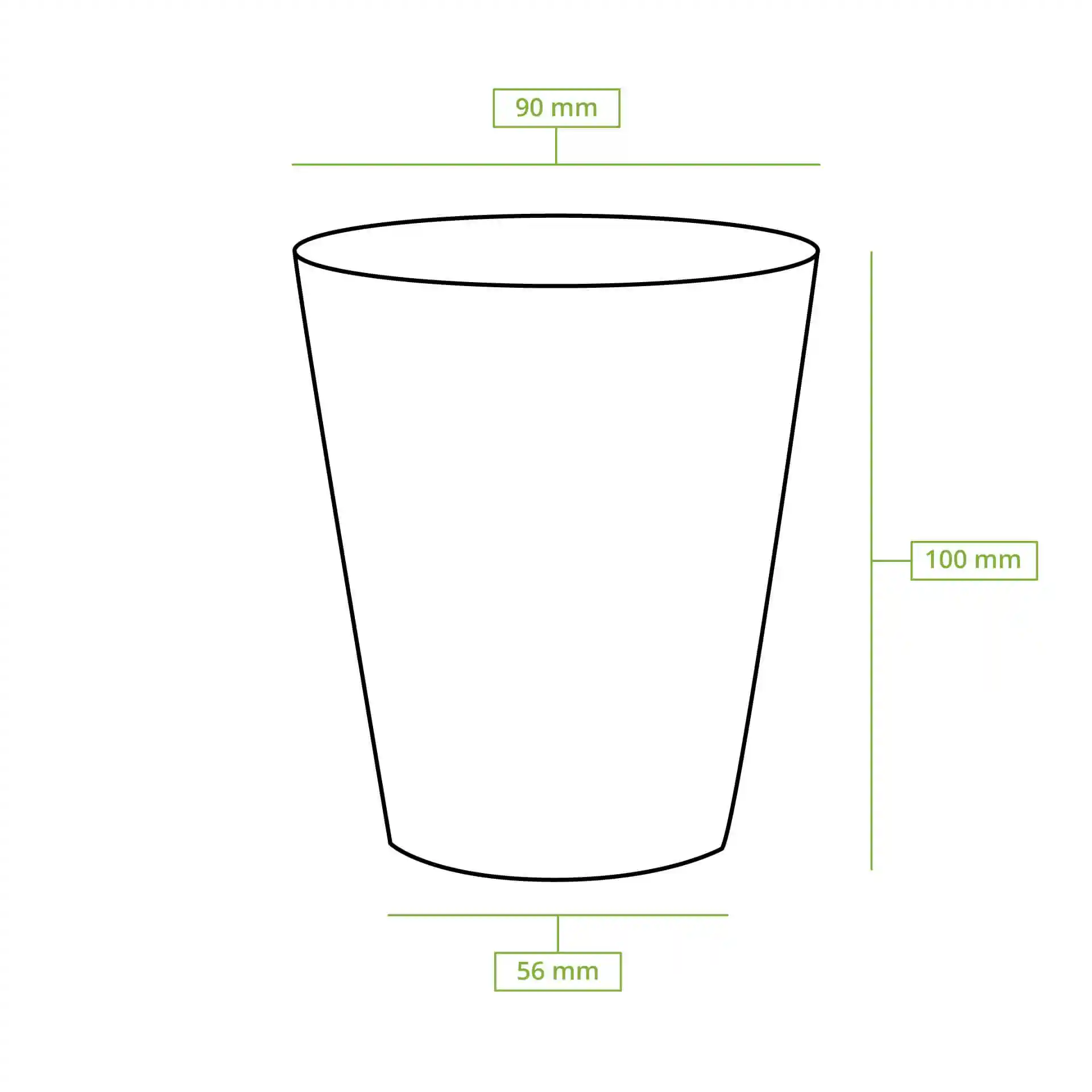 Schematic drawing of a paper cup with dimensions: height 100 mm, top diameter 90 mm, and base diameter 56 mm.