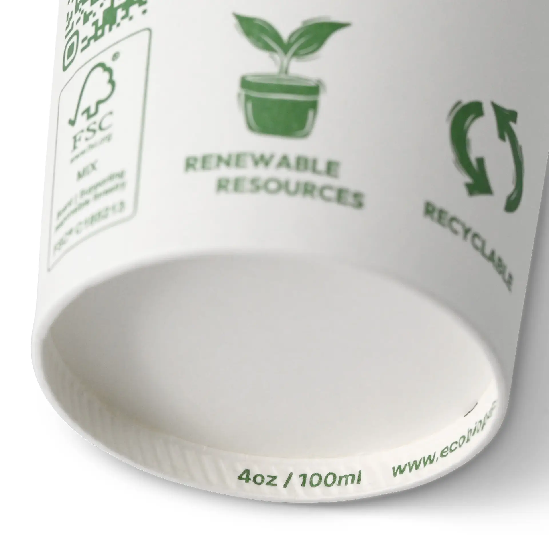 Paper cup 100 ml / 4 oz, Ø 62 mm, “EcoUp©” icons, single wall, white, PLA-coated