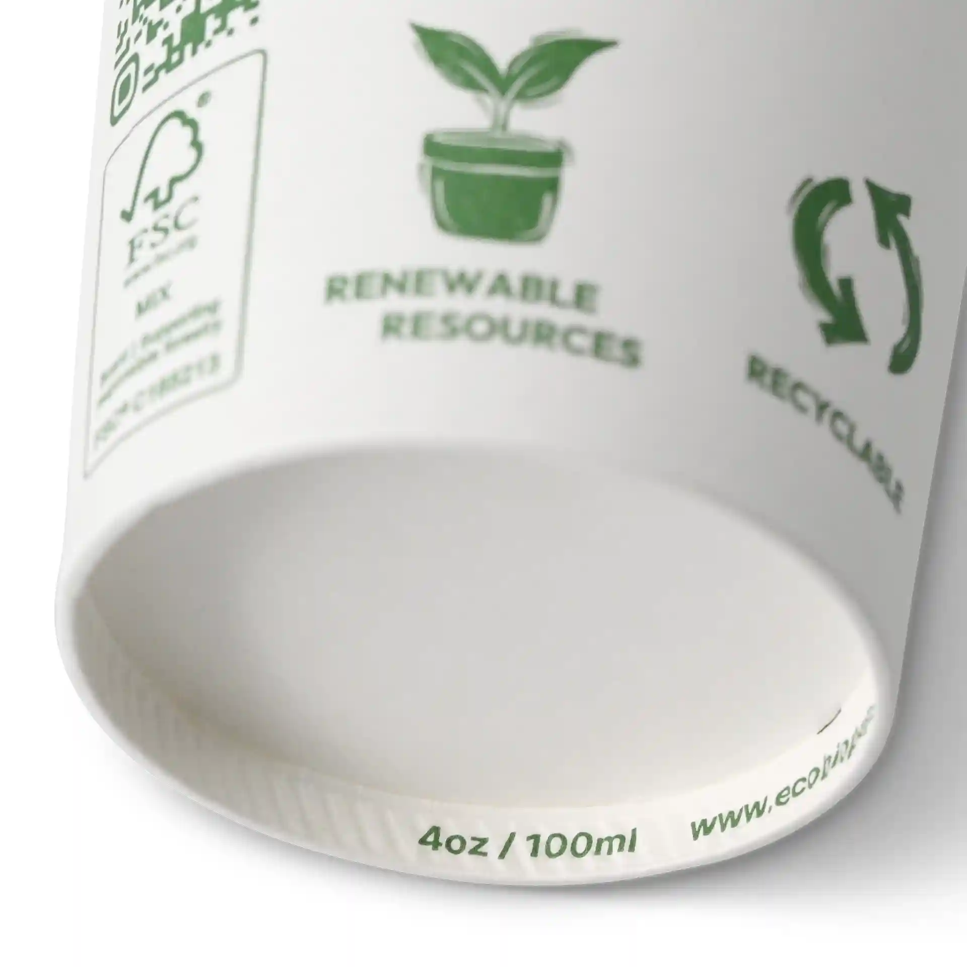 White paper cup with green icons, showing a plant, recycling symbol, and measurements of 4 oz / 100 ml on the bottom.