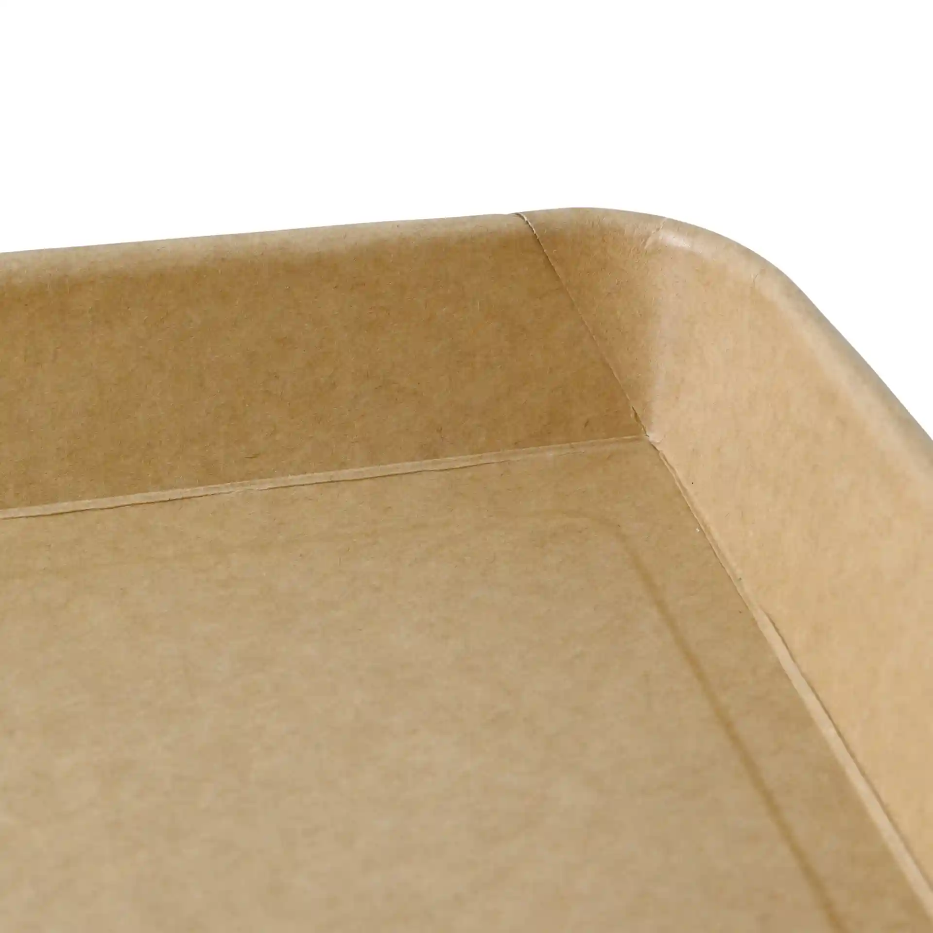 Close-up of a brown, PE-coated sushi box with visible corners and edges, measuring 25.5 x 18 x 3 cm.