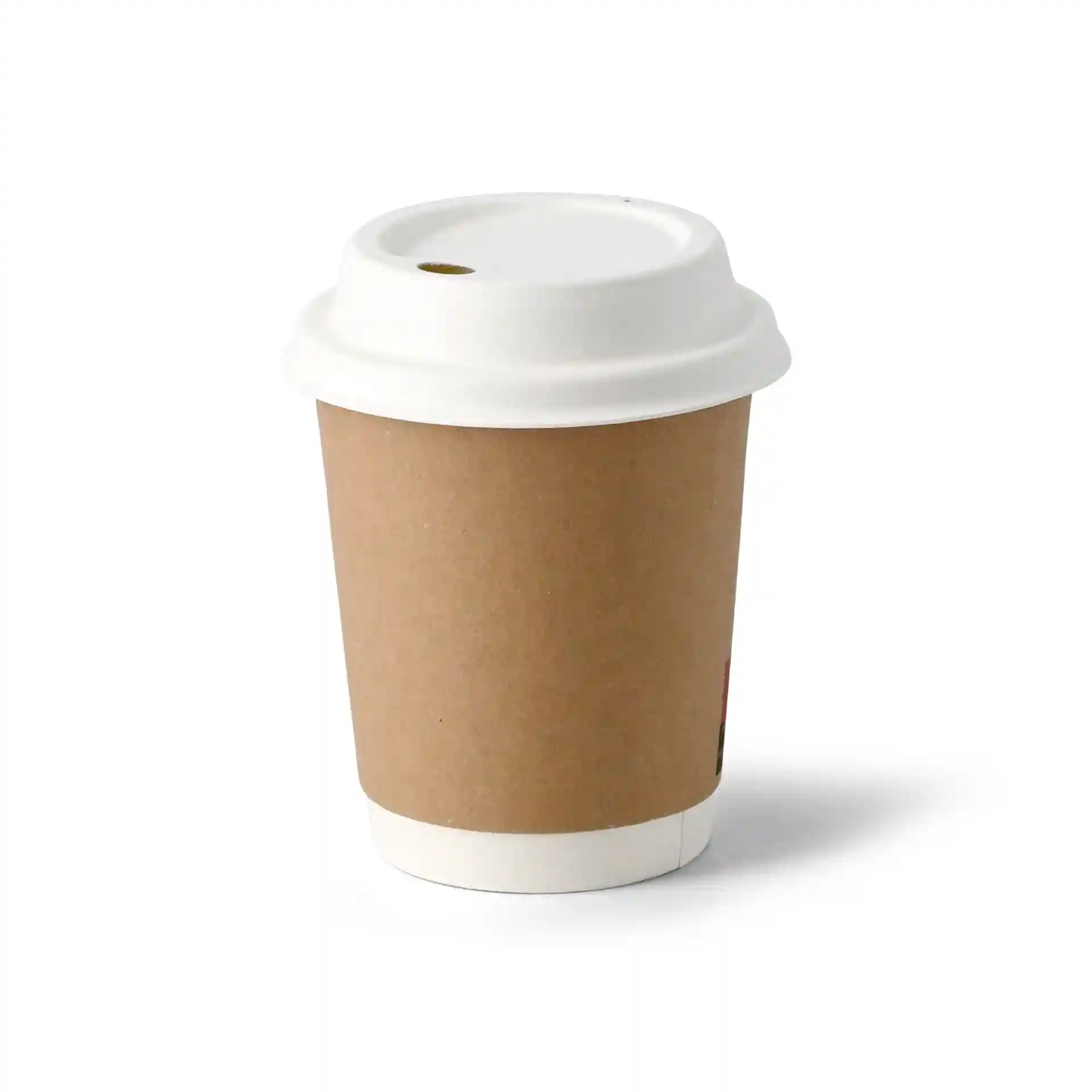 White paper cup with a brown exterior and a white lid, featuring a small opening on top.