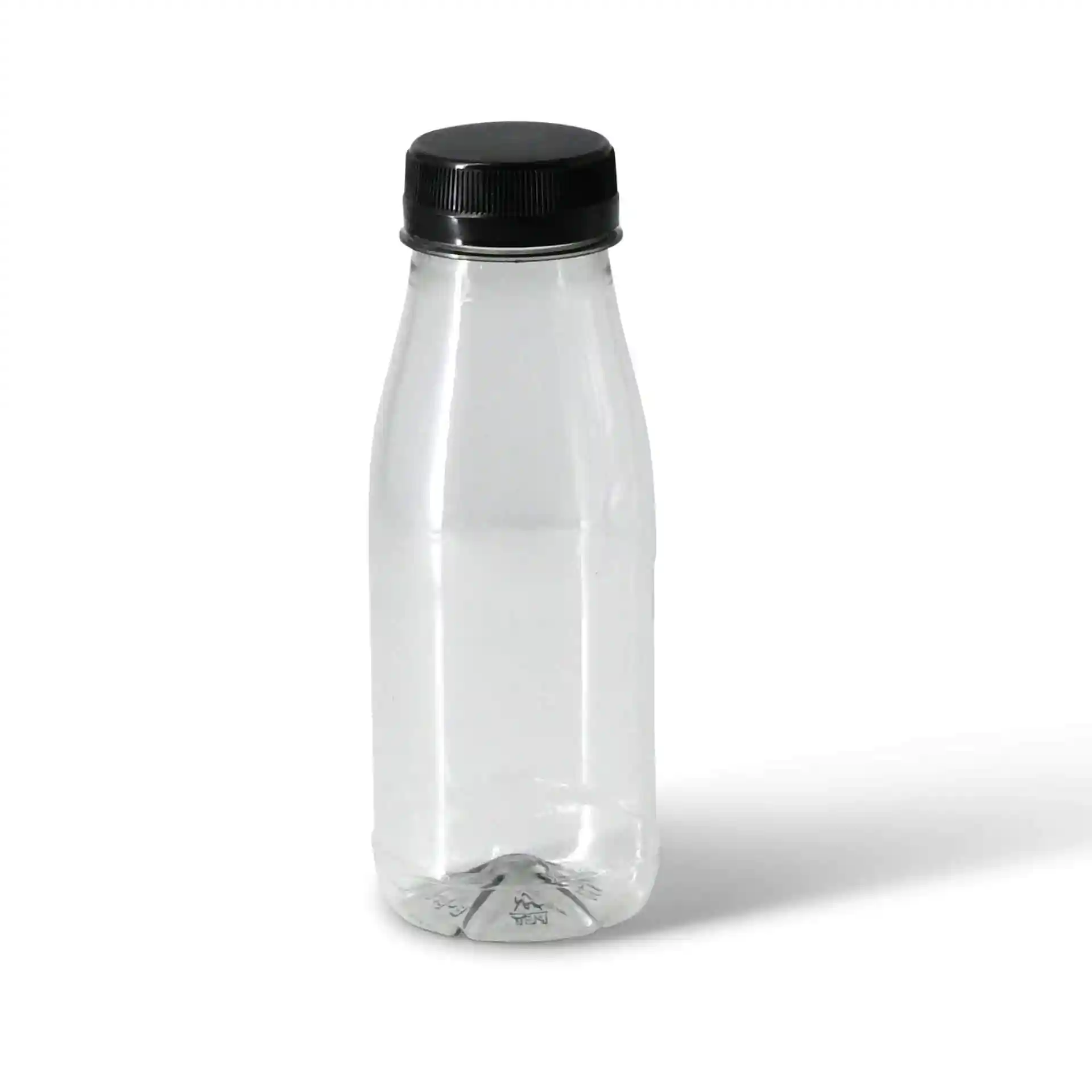 Clear rPET bottle with a black lid, 250 ml capacity, height of 149 mm, and diameter of 34.8 mm.