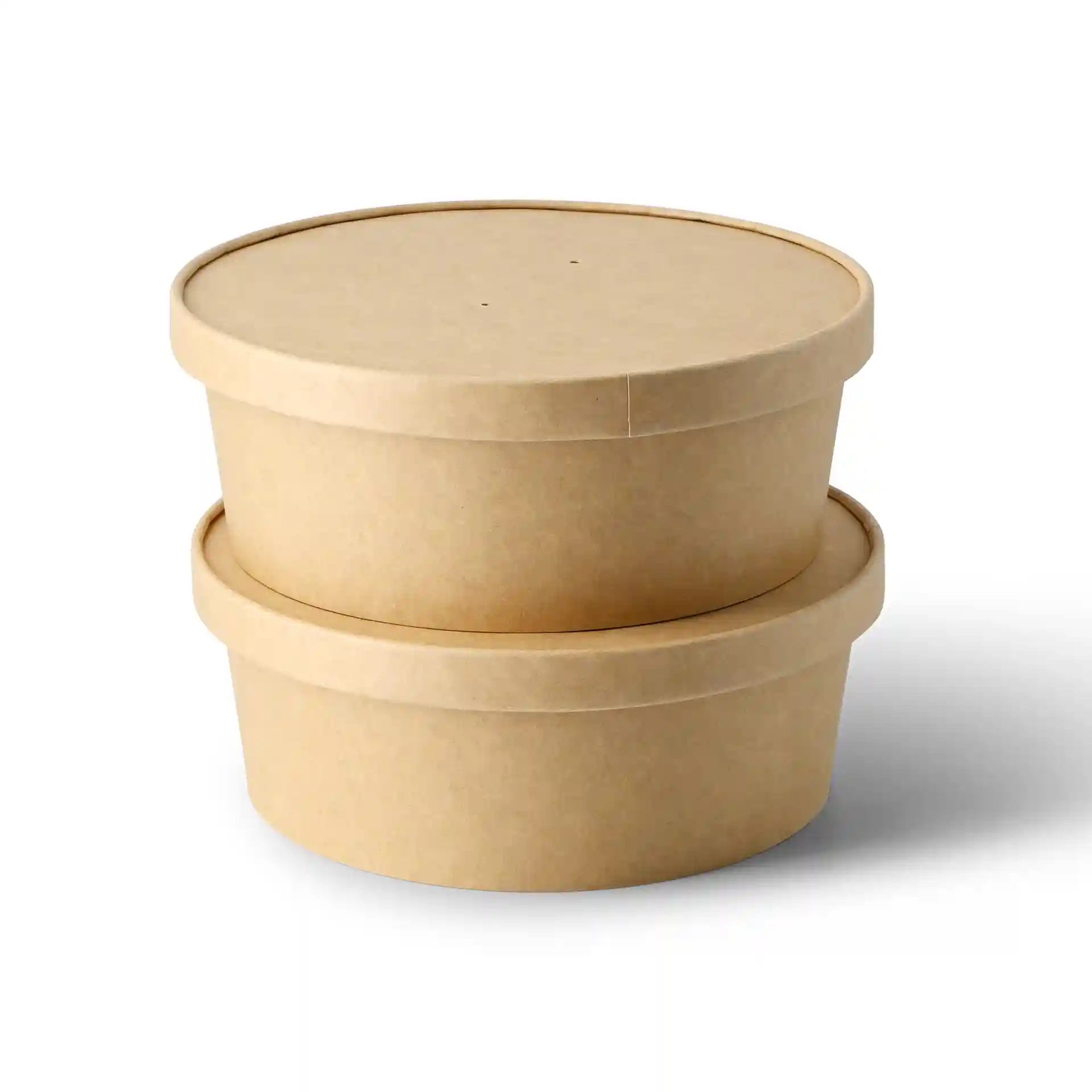 Two round brown cardboard containers with lids stacked on top of each other.