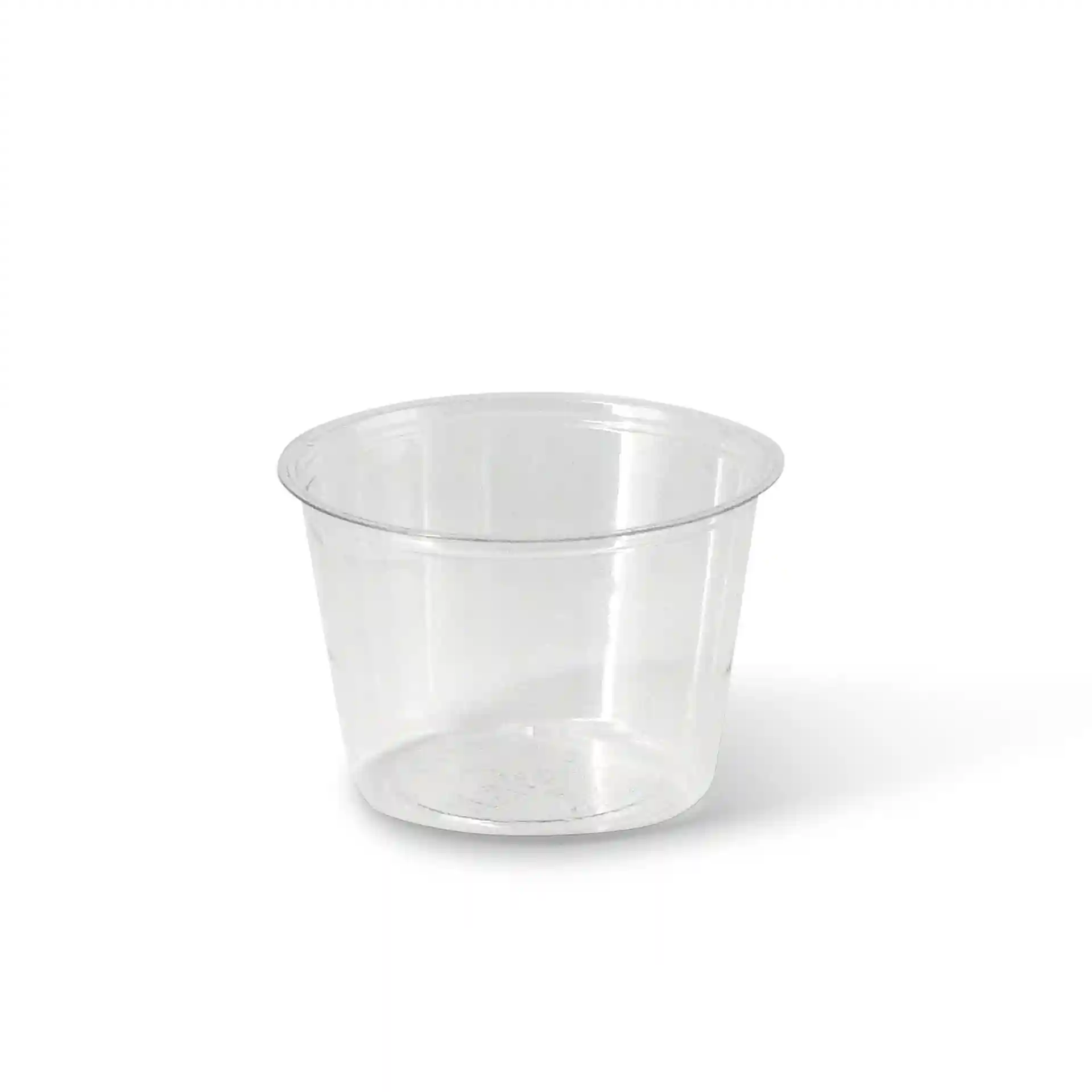 Transparent round cup with a diameter of 70 mm and height of 47 mm, made of PLA material.