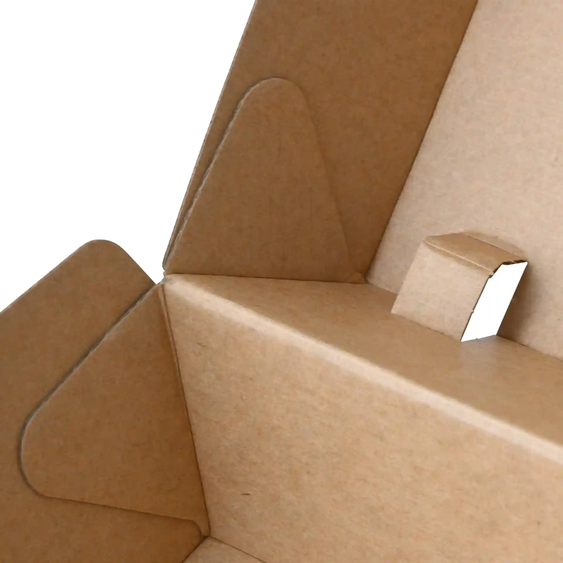 Close-up of a kraft cardboard burger box showing the interior corners and flaps.