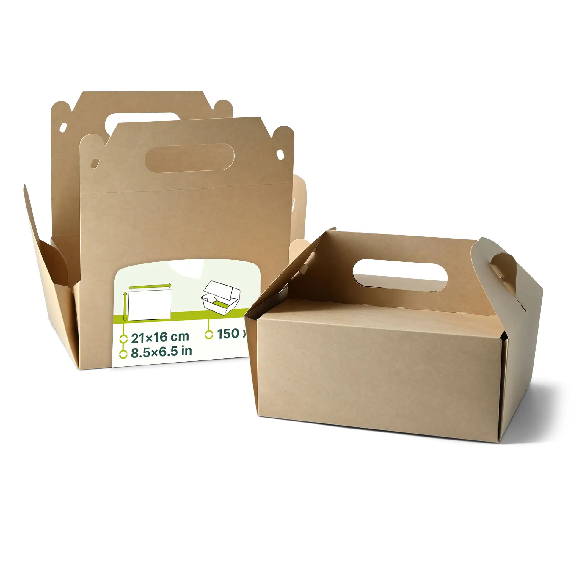 Cardboard pastry boxes with handle M, 21 x 17 x 9 cm, kraft, foldable dfc04220-kuchenbox-aus-pappe-mit-griff-m-21-x-16-x-9-cm-braun-faltbar