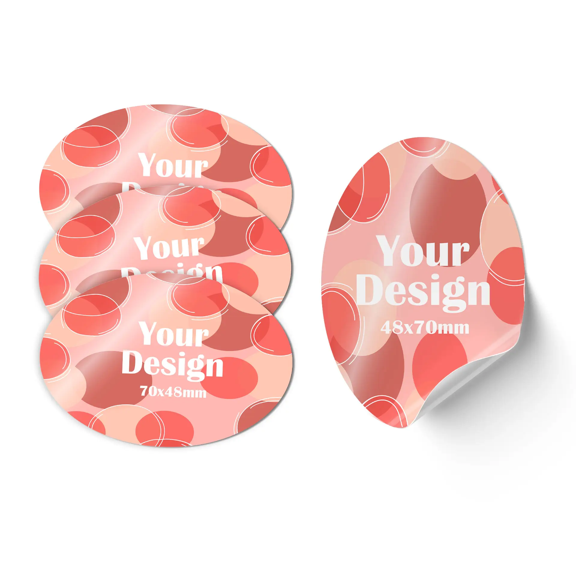 Green oval sticker with white graphic and dimensions of 70x48 mm, showing part of the sticker curled at the edge.