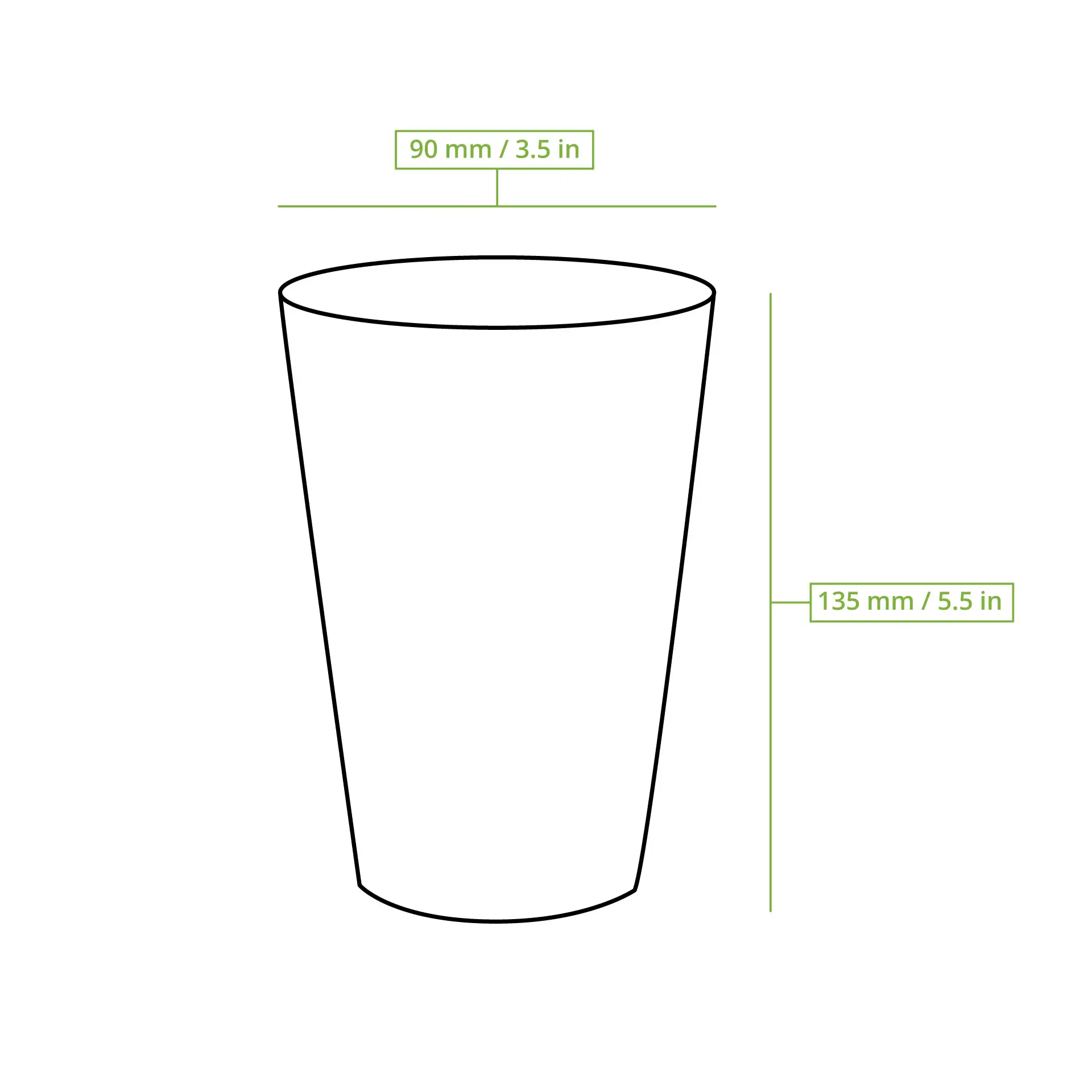 Schematic drawing of a ribbed cup with dimensions: height 135 mm and diameter 90 mm.