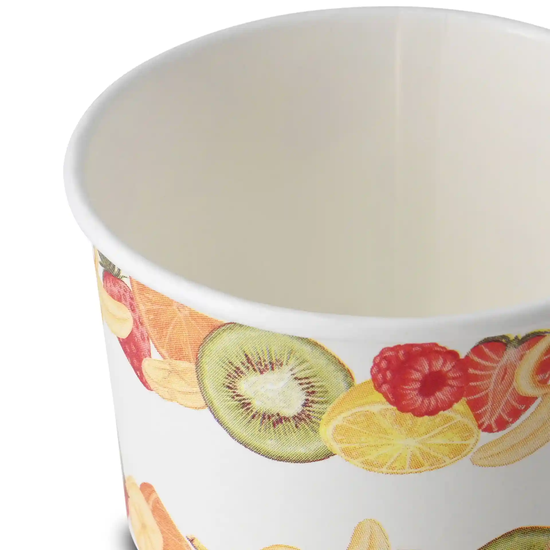 Paper cup with a printed design featuring various fruits, showing the interior and part of the exterior.