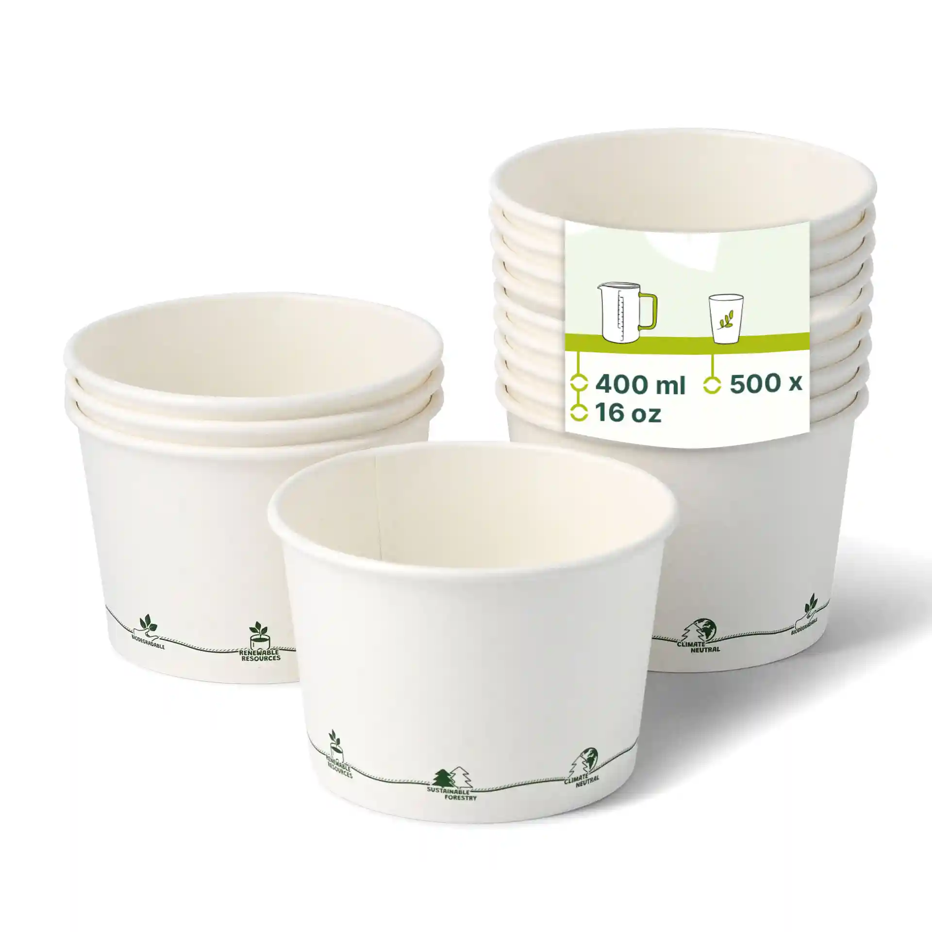 Round cardboard soup containers with eco-friendly coating, 16 oz, stacked with one visible and printed design.