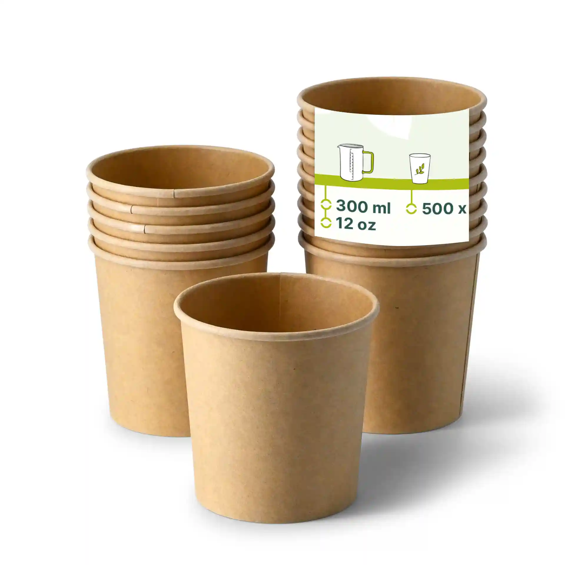 Brown cardboard soup cups stacked, with one cup in front showing an eco-friendly coating.