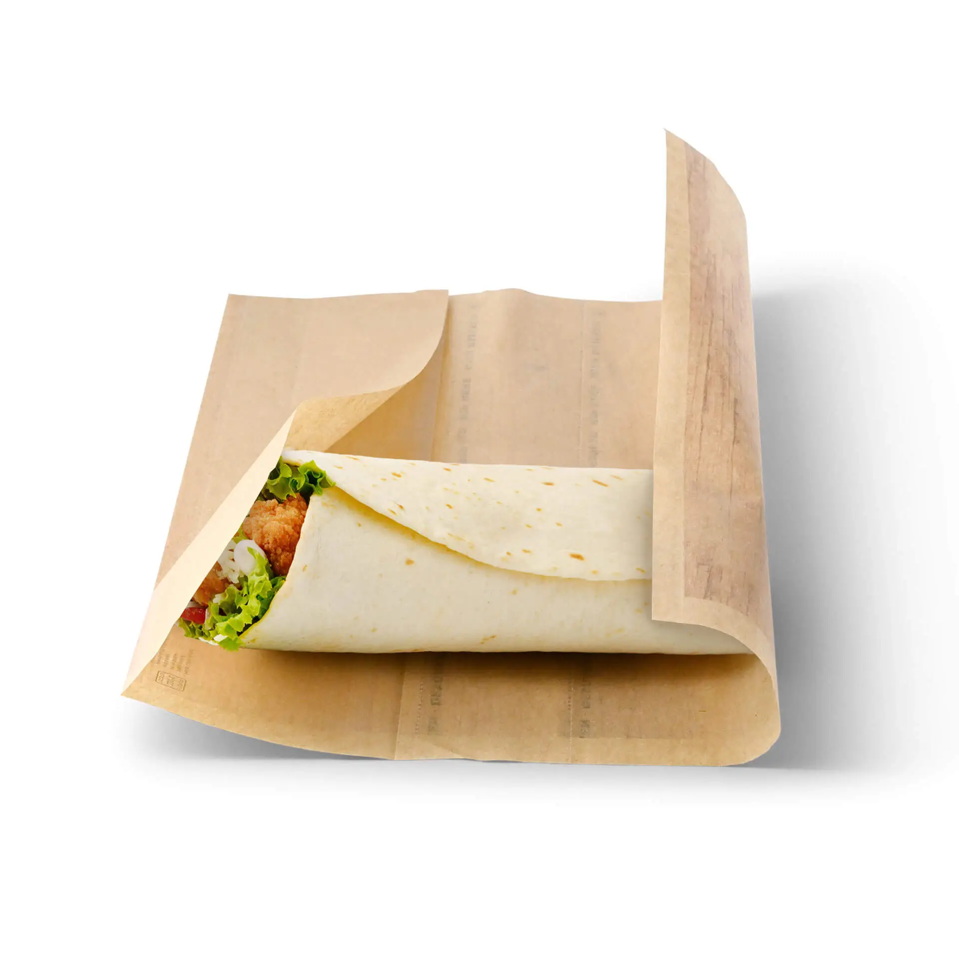 Custom printed wrap bag with adhesive closure, holding a wrap with lettuce and chicken, displayed against a white background.