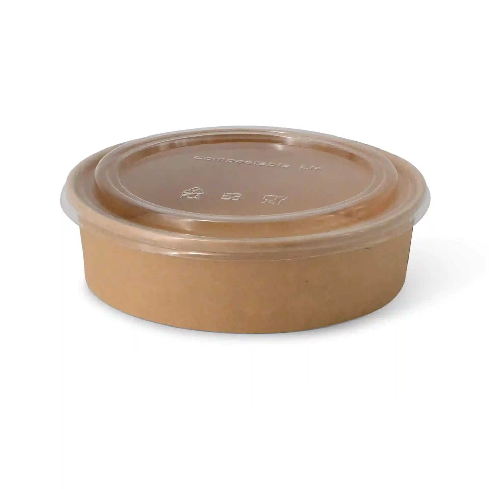 Round brown cardboard bowl with a clear lid, 700 ml capacity, diameter 185 mm, and height 49 mm.
