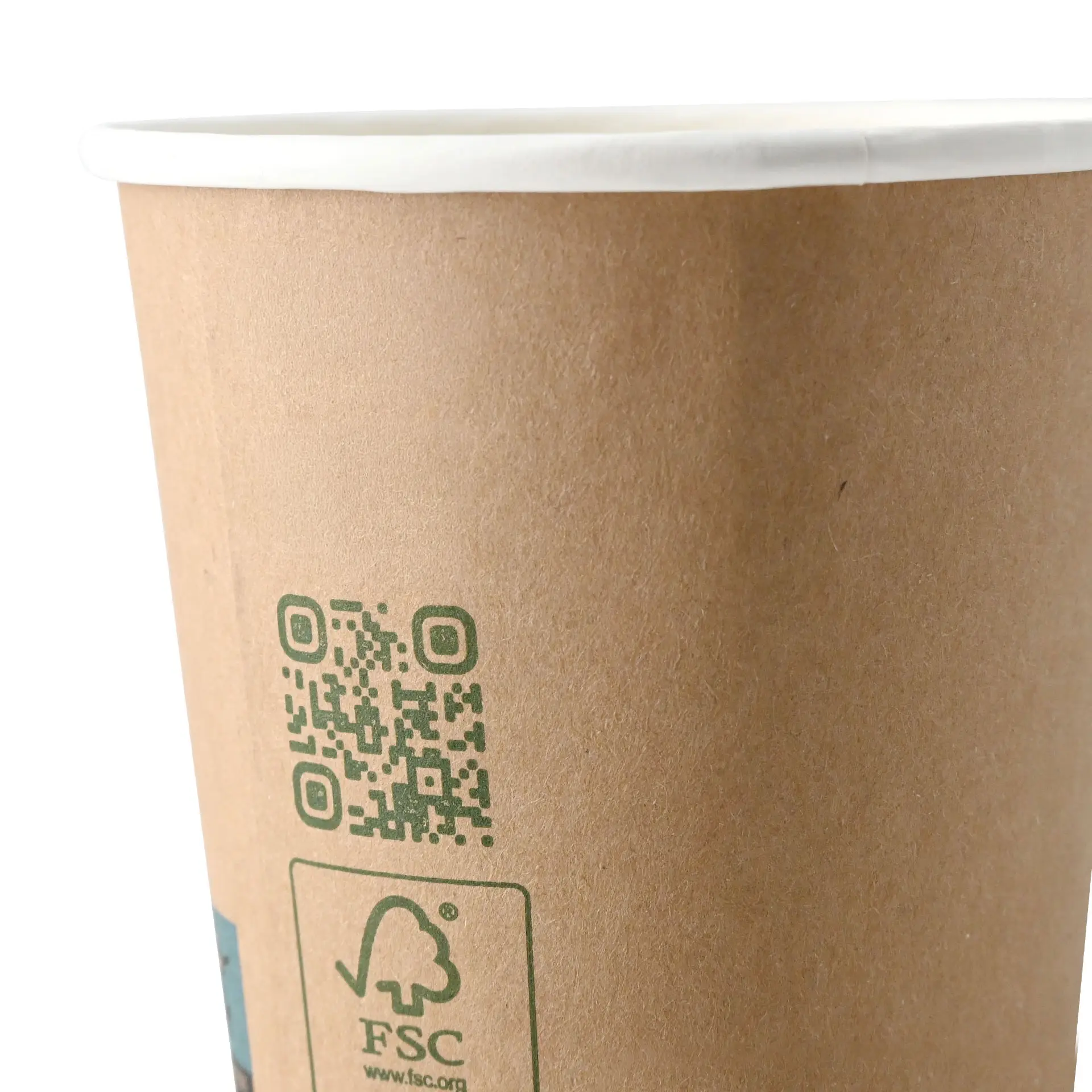 Brown double wall coffee cup with a white rim, QR code, and FSC logo on the side.