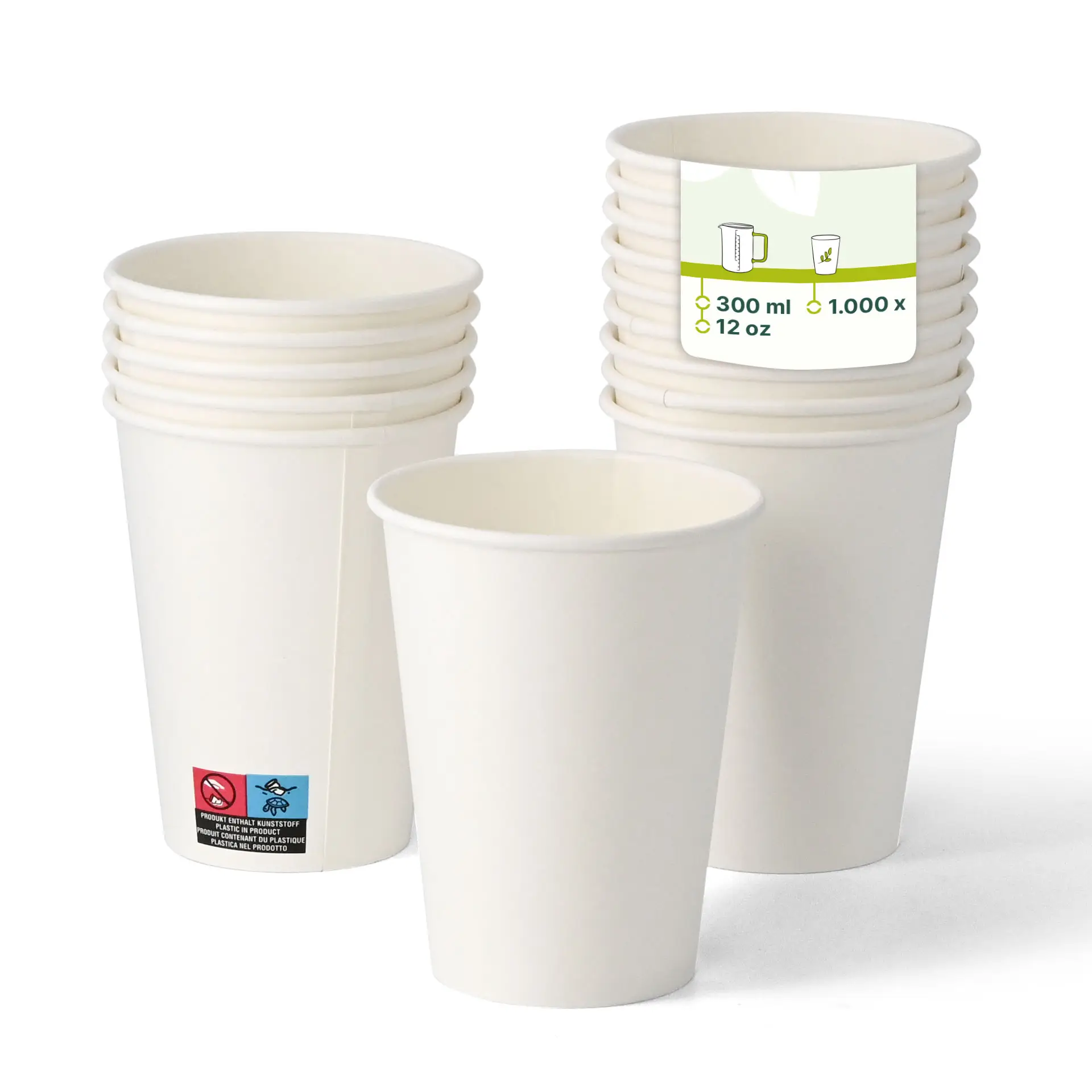 White single wall paper cups stacked, with one cup in front, showing a label with product details.