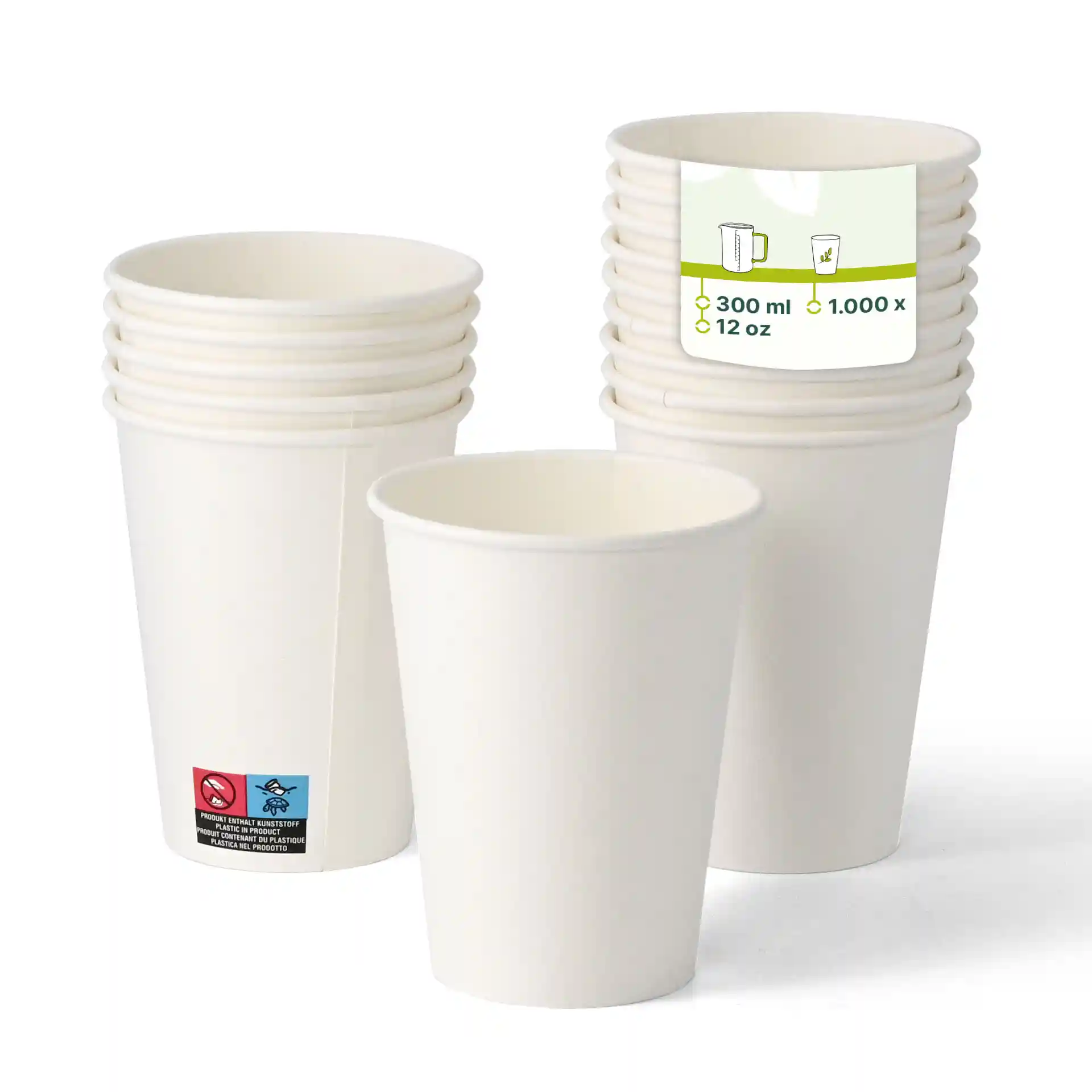 White single wall paper cups stacked, with one cup in front, showing a label with product details.