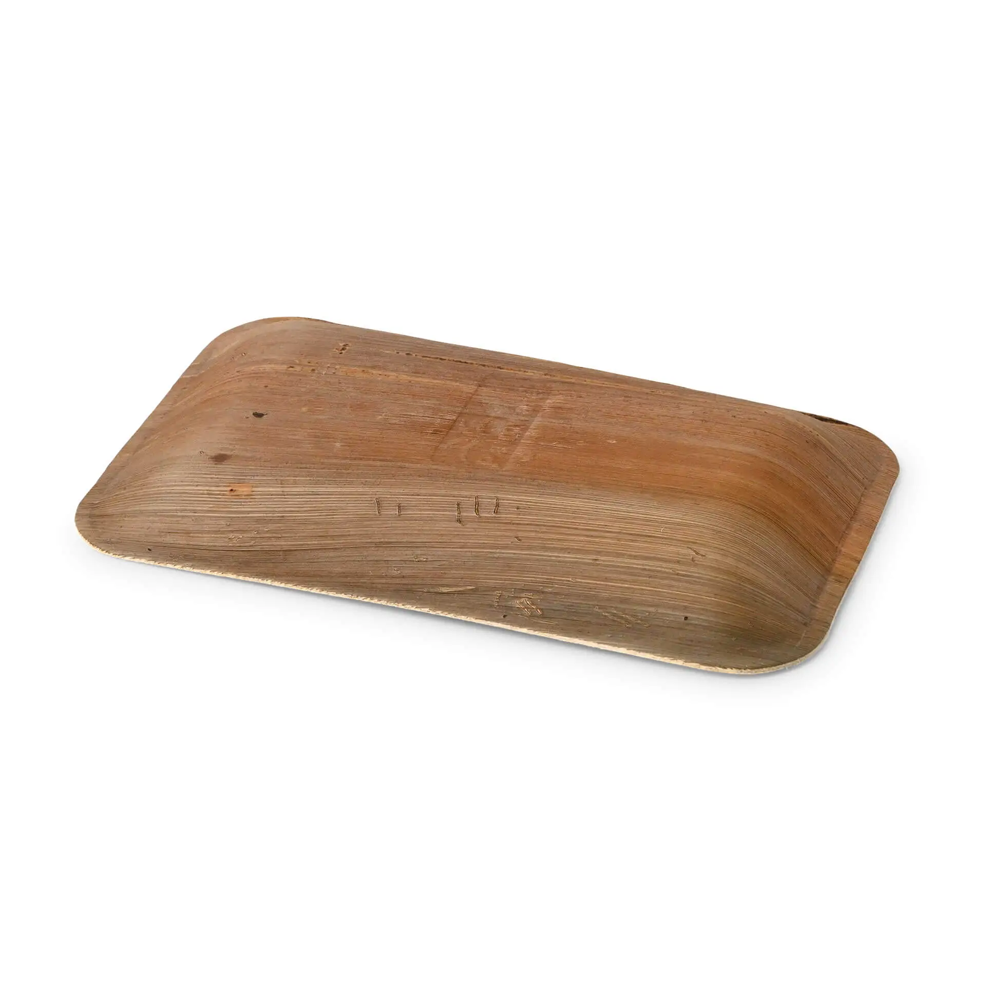 Flat rectangular palm leaf plate, 25 x 15 cm, with natural grain texture, suitable for serving various foods.