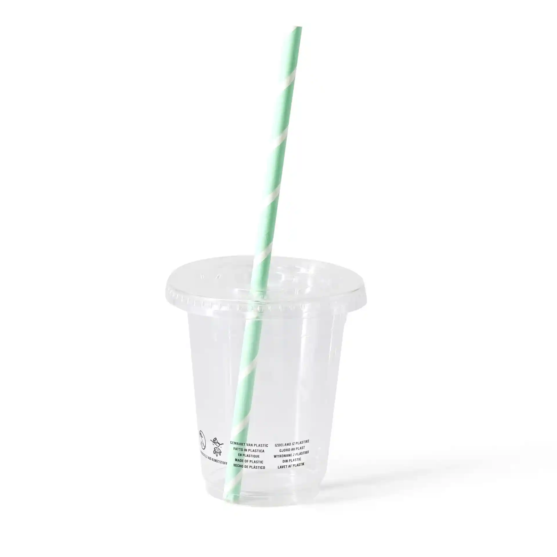 Clear PLA plastic cup with a green and white striped straw, 300 ml capacity, on a plain background.
