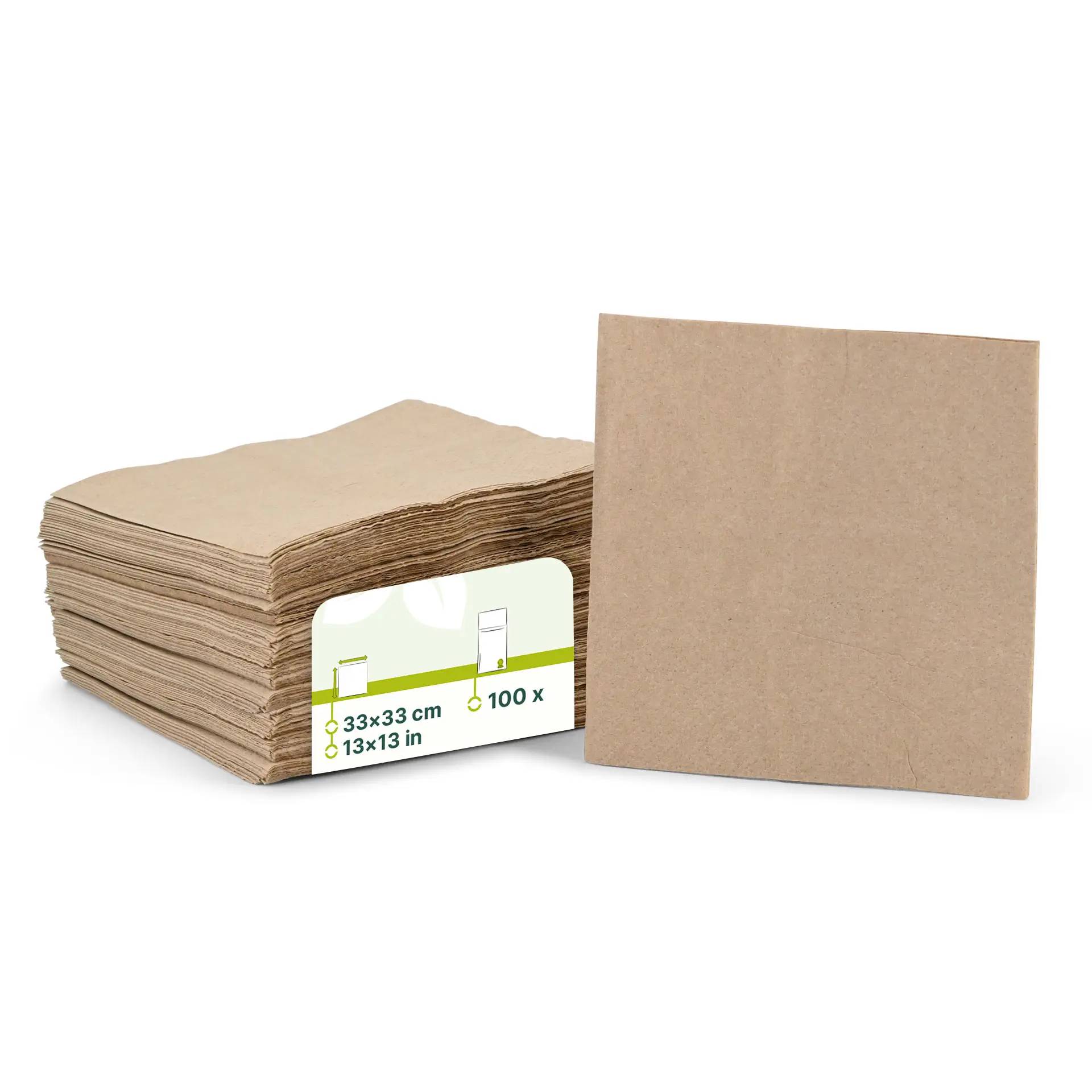 Stack of unbleached paper napkins, 33 x 33 cm, 2-ply, with a label showing product details.