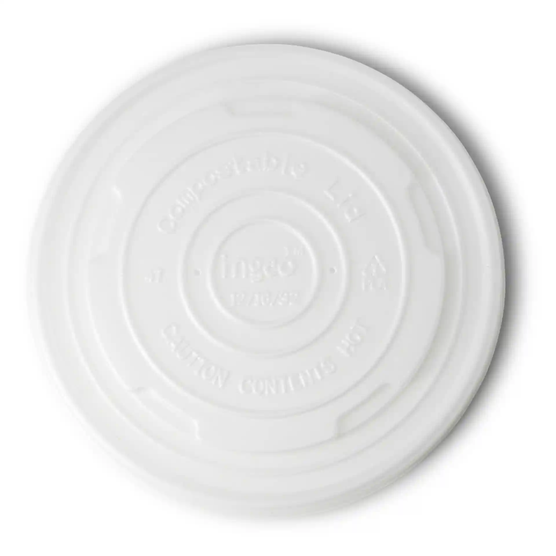 White CPLA flat lid with a diameter of 115 mm, featuring a round shape and no coating.