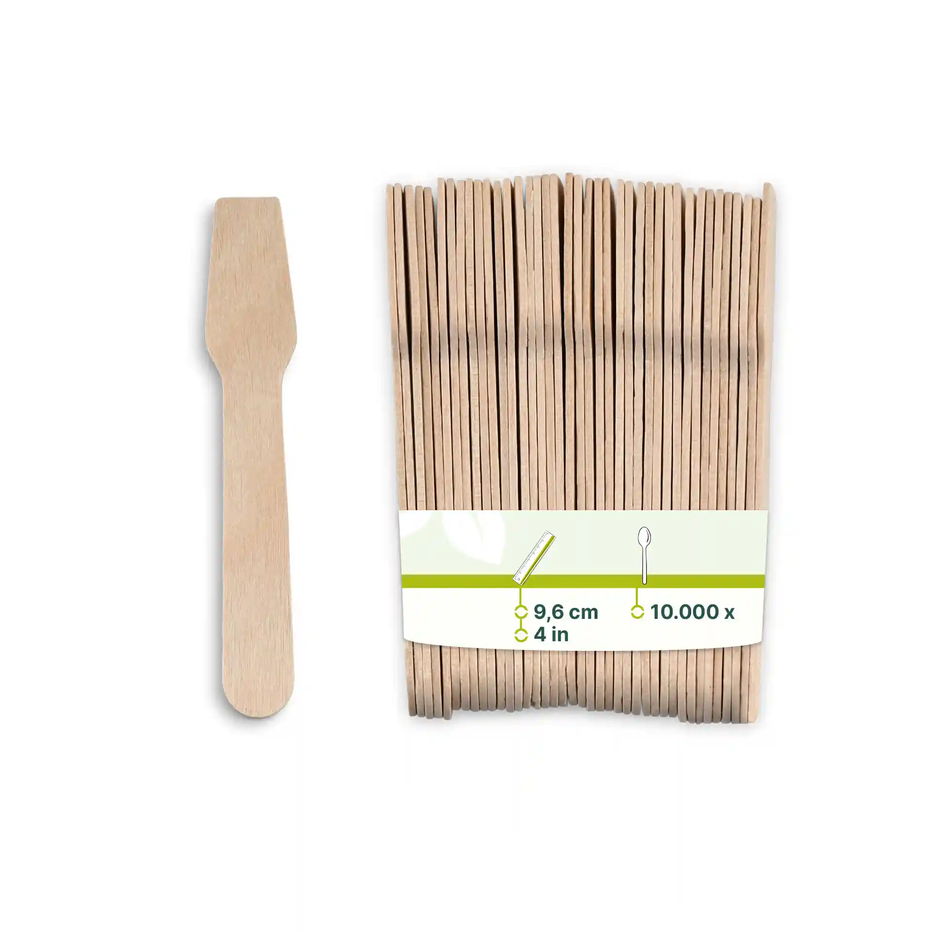 Wooden ice cream spoons in a pack, each 9.6 cm long, displayed next to a label with product details.