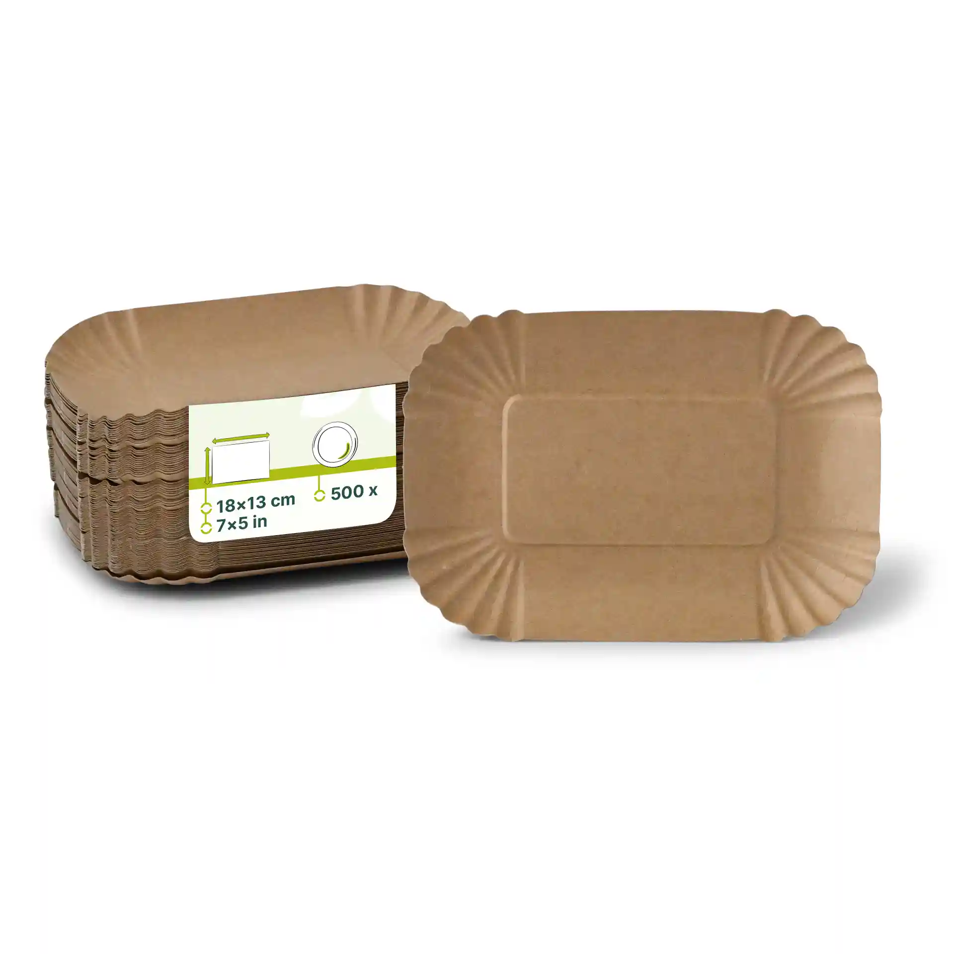 Brown rectangular paper food trays, 18 x 13 cm, stacked with one visible on top, showing a plain surface and fluted edges.