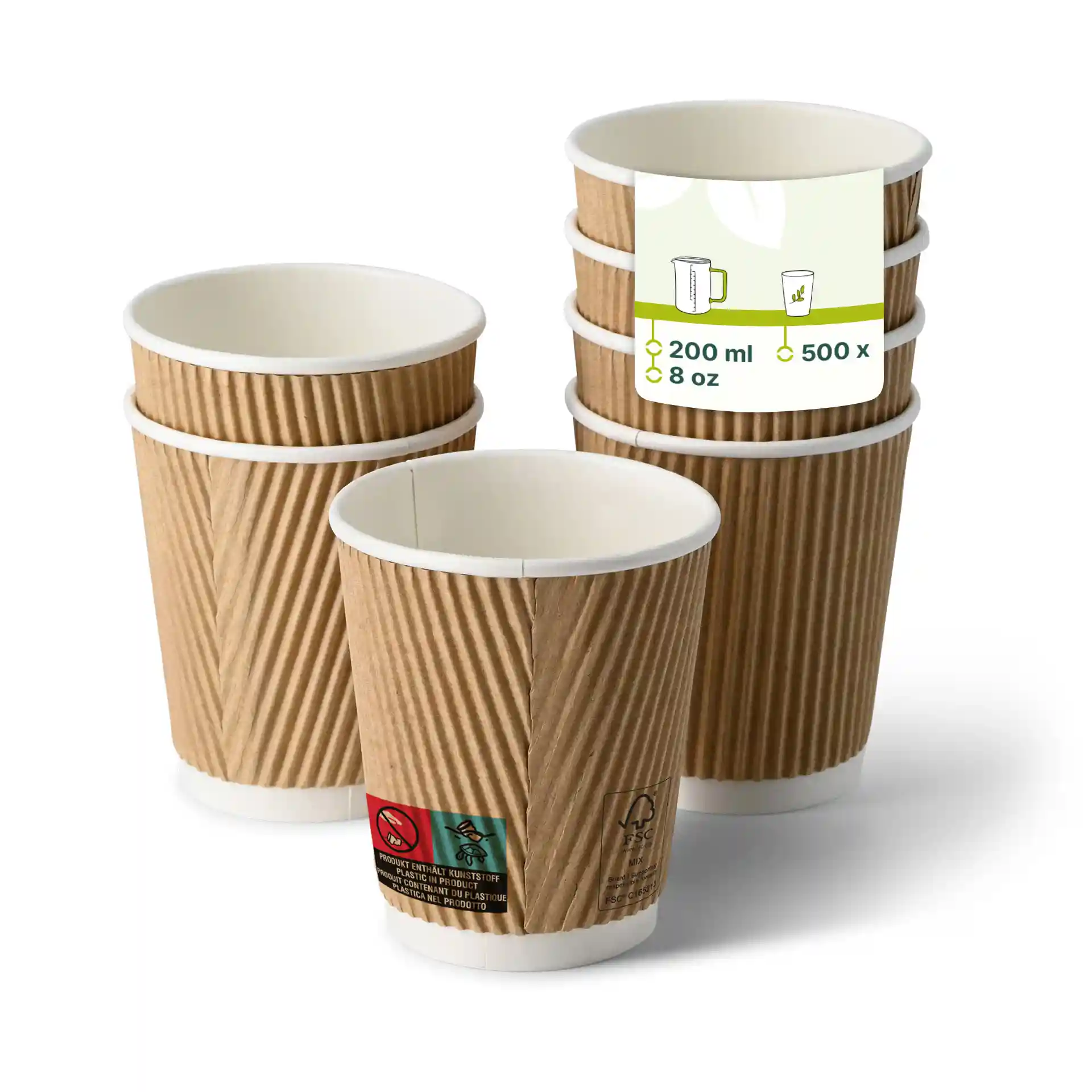 Stack of brown ripple coffee cups with white inner lining, showing one cup in front and a label on the stack.