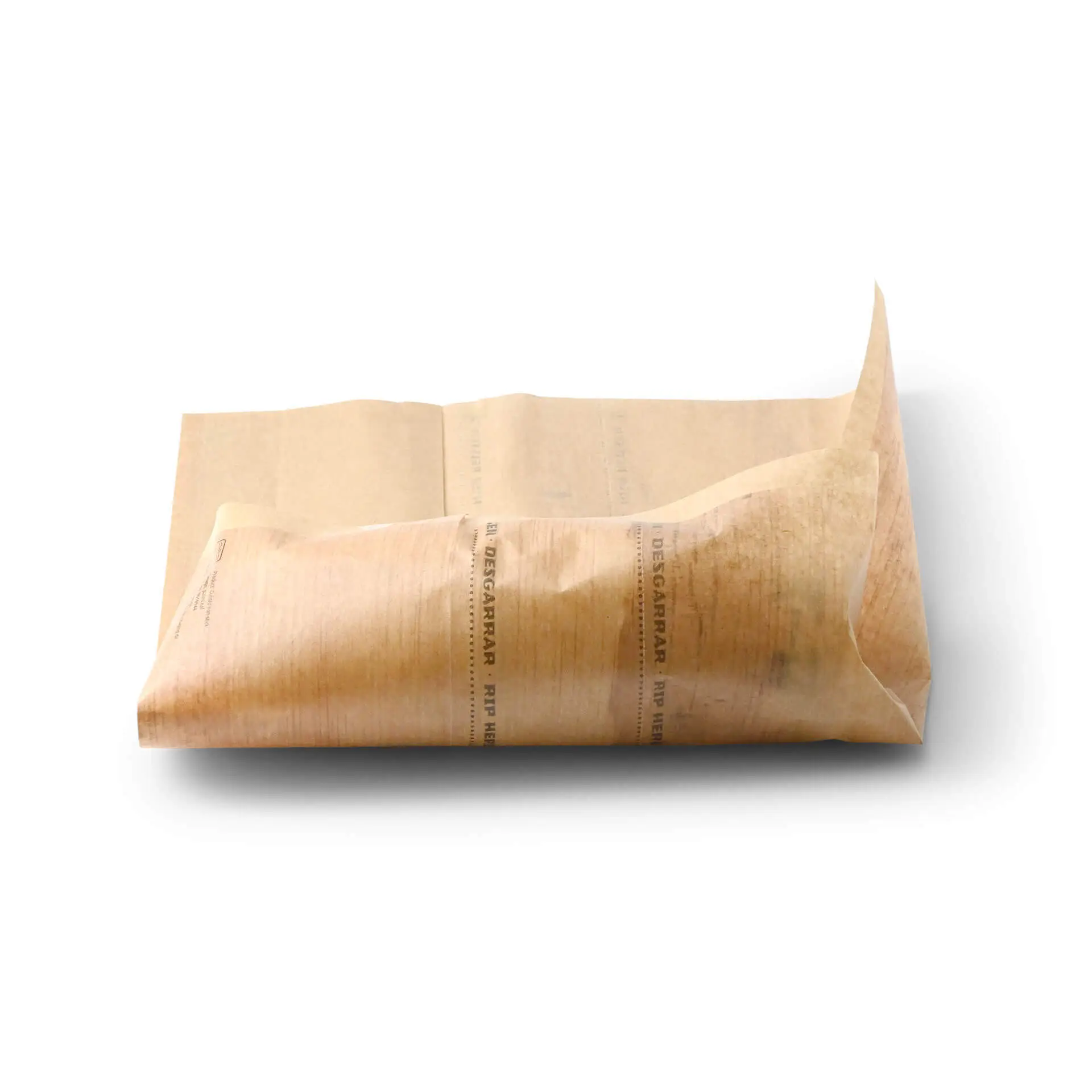 Custom printed wrap bag with adhesive closure; brown paper, greaseproof, suitable for sandwiches or snacks.