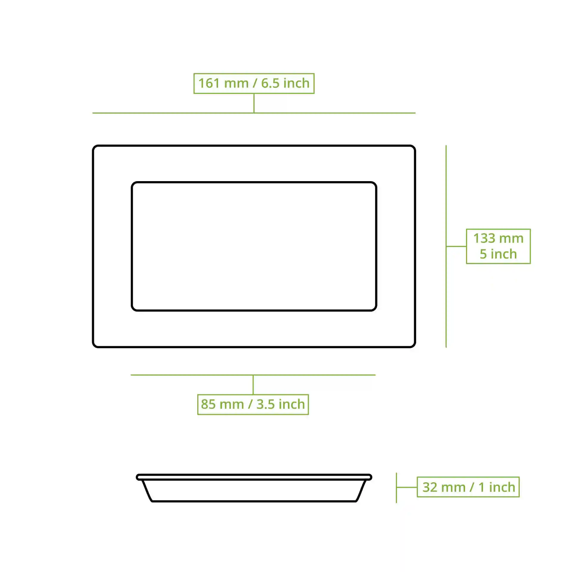 Schematic drawing of a rectangular palm leaf plate with dimensions: 161 mm length, 133 mm width, and 32 mm height.