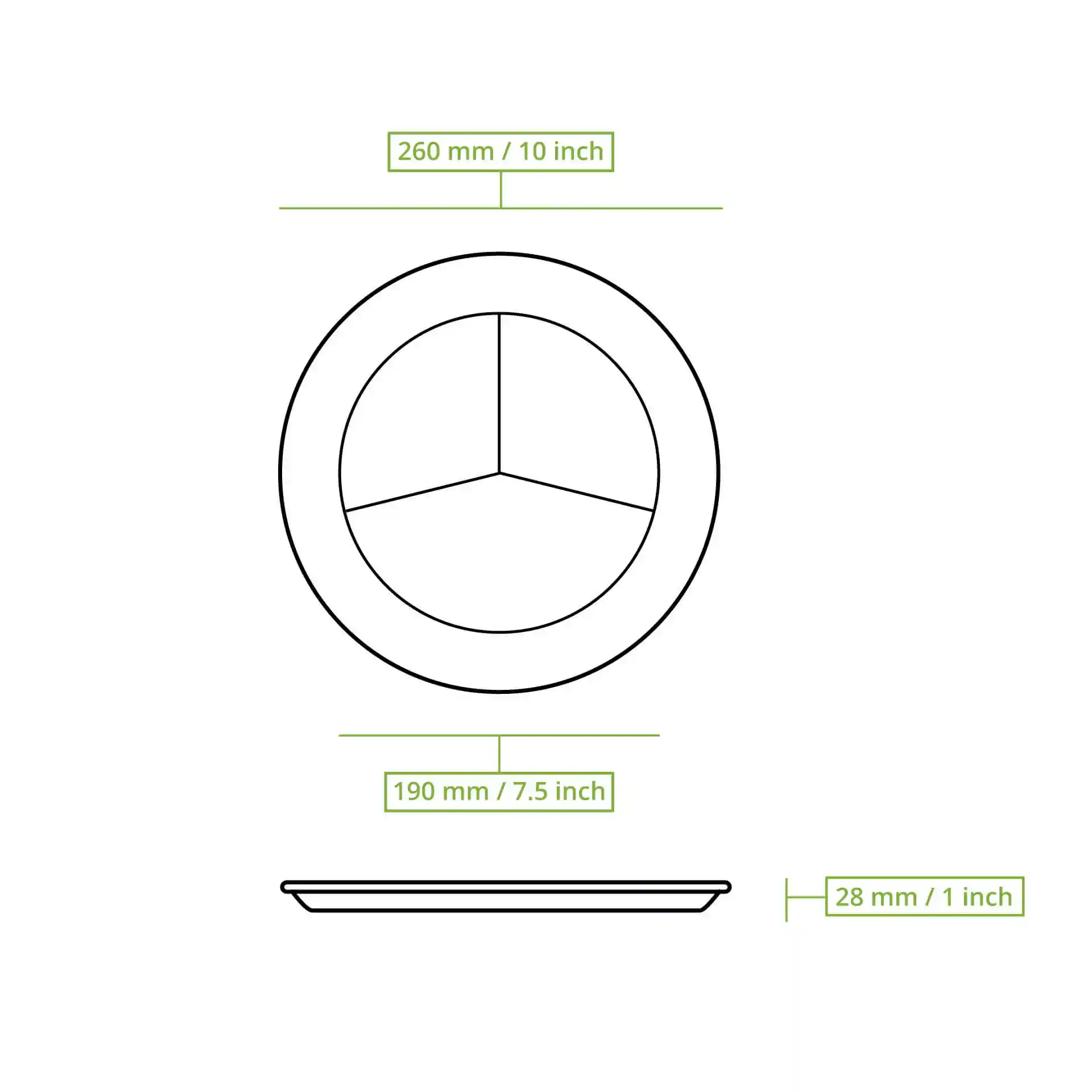 Schematic drawing of a round sugarcane menu plate with three compartments, showing dimensions of 260 mm and 190 mm.