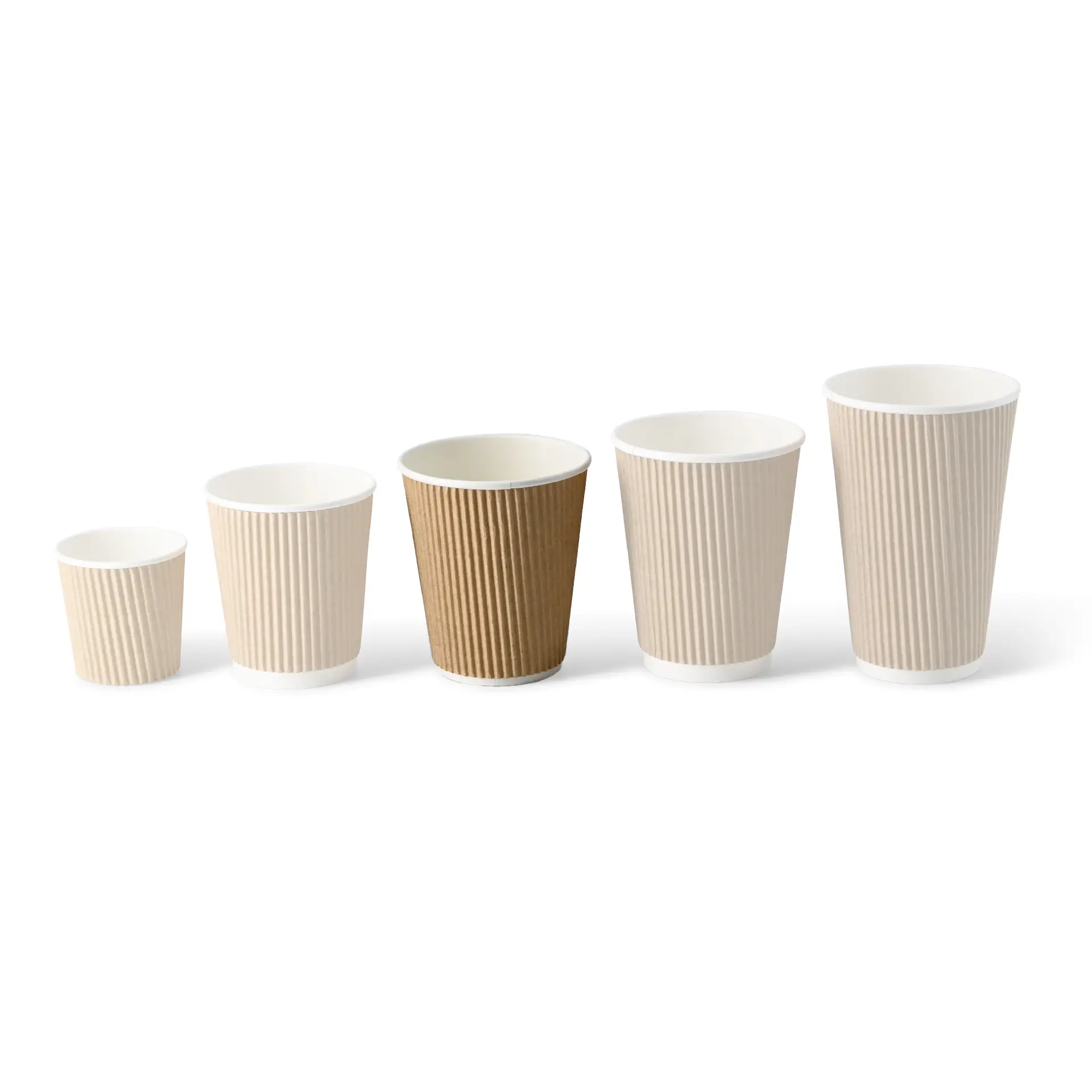Image of five insulated ripple coffee cups in varying sizes, with brown outer surfaces and white inner surfaces.