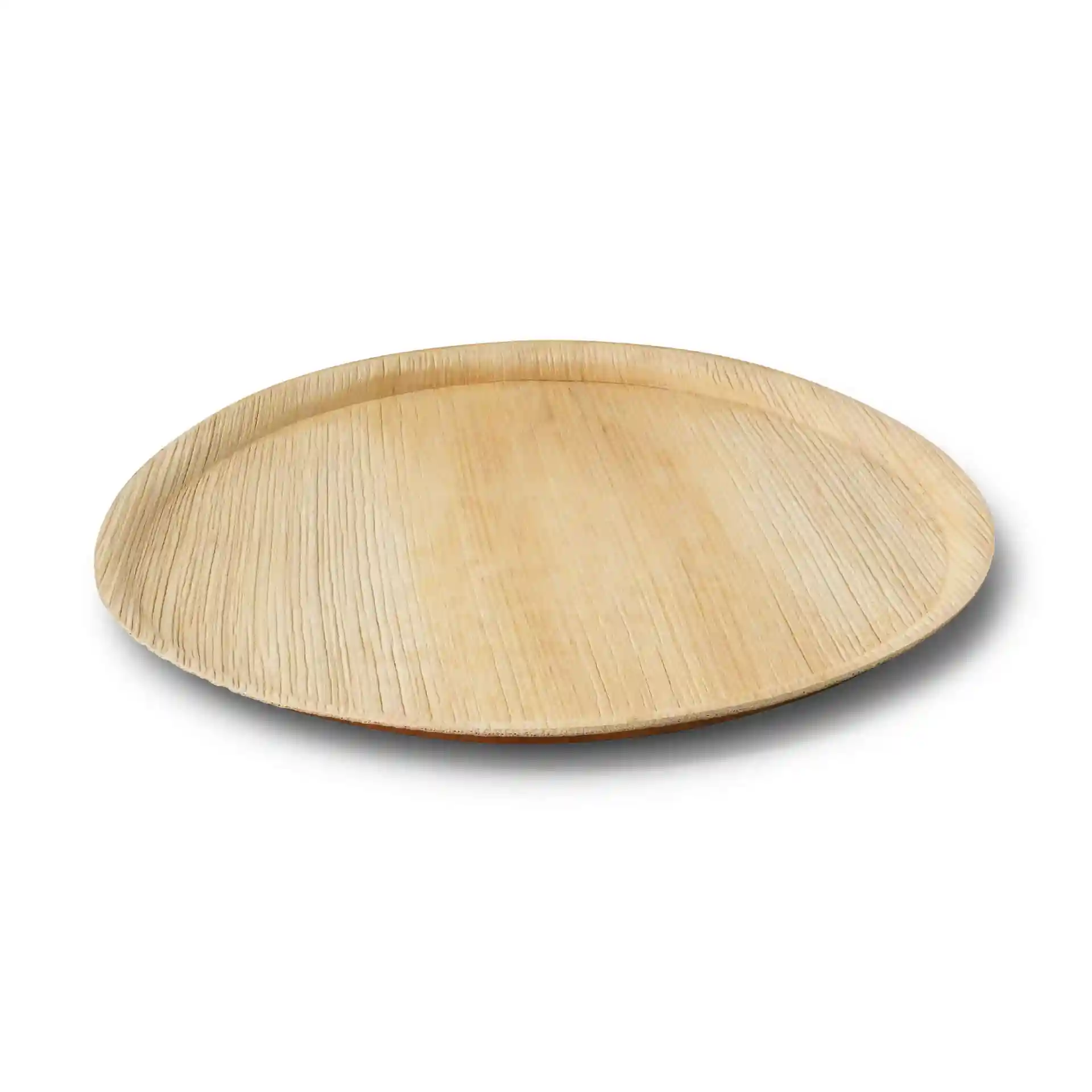 Round palm leaf pizza plate with a diameter of 27 cm and a shallow design, featuring a natural grain texture.