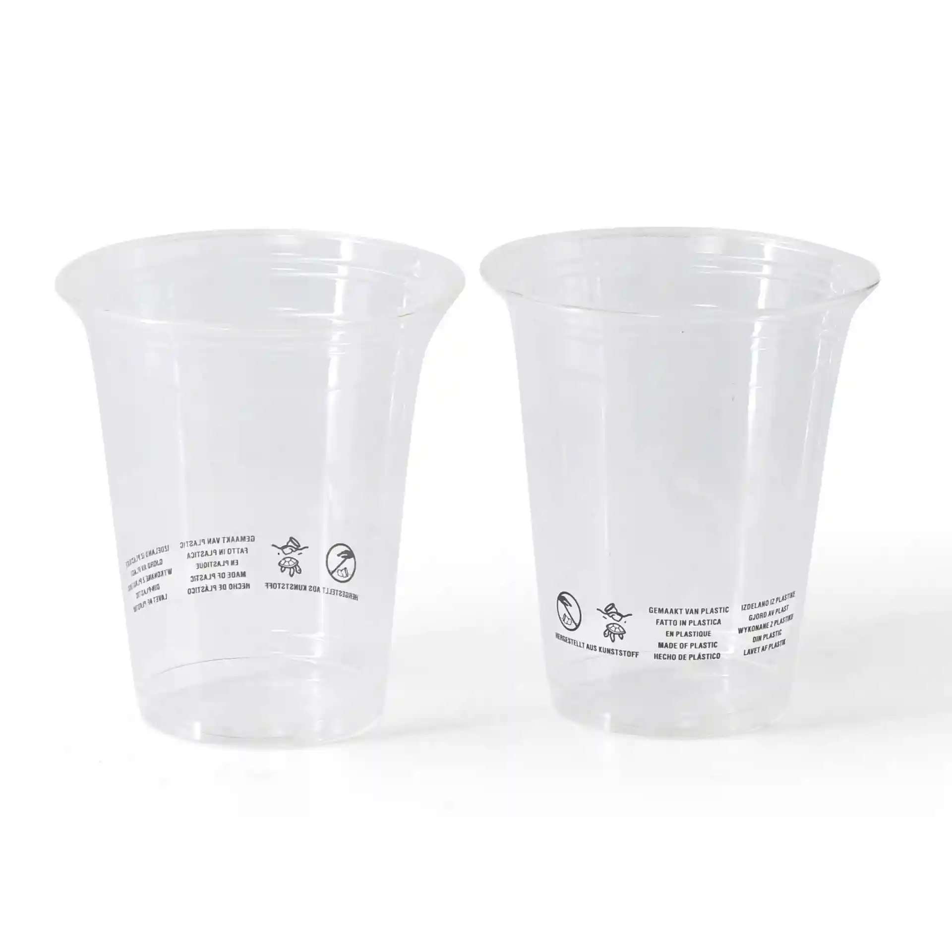 Clear PLA plastic cups, 300 ml capacity, with visible markings on the side, two cups shown.