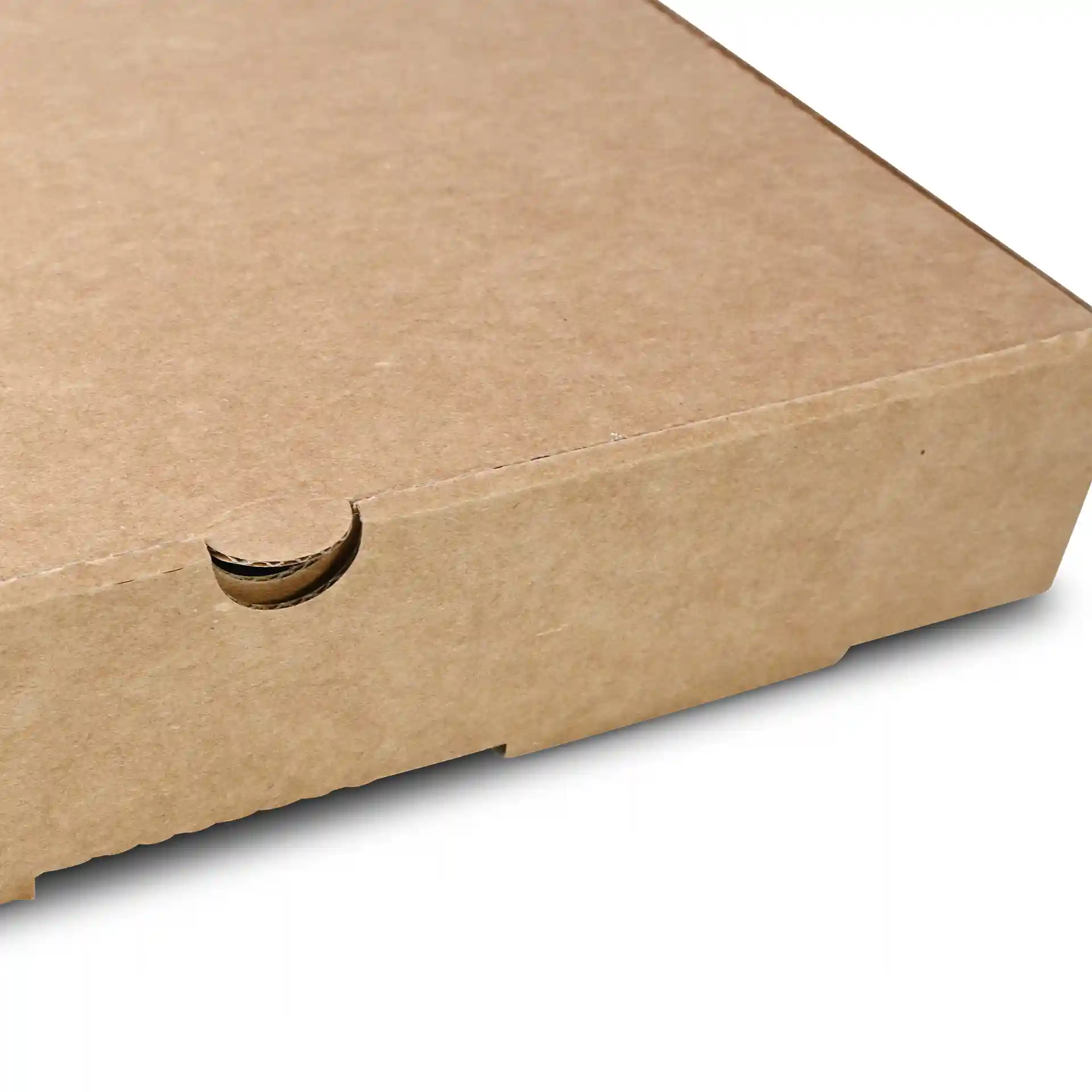 Brown cardboard pizza box with a circular cutout on the side, measuring 26 cm in diameter.