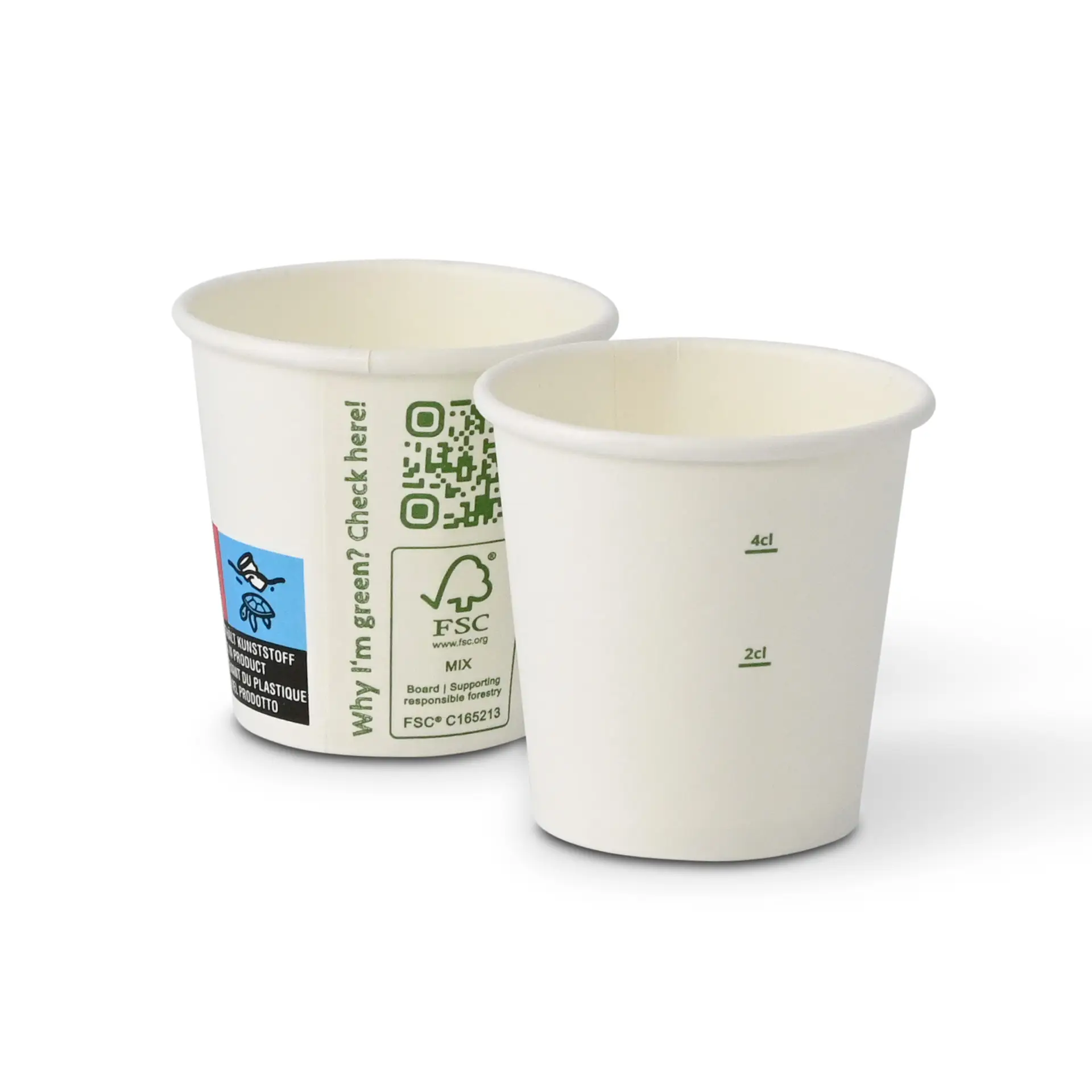 One white single-wall paper cup with PLA coating, suitable for hot and cold drinks; second similar cup shown with reduced opacity.