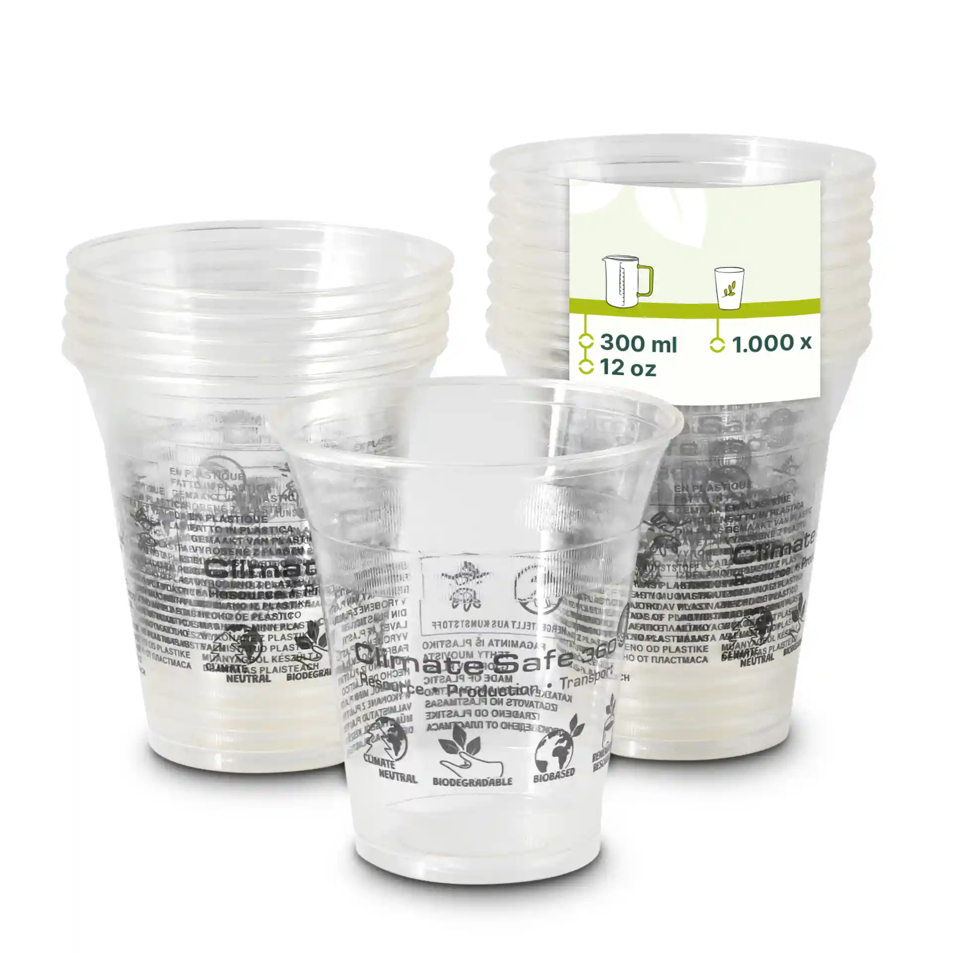 Transparent 12 oz PLA smoothie cups stacked with a visible label showing 300 ml capacity and 1000 count.