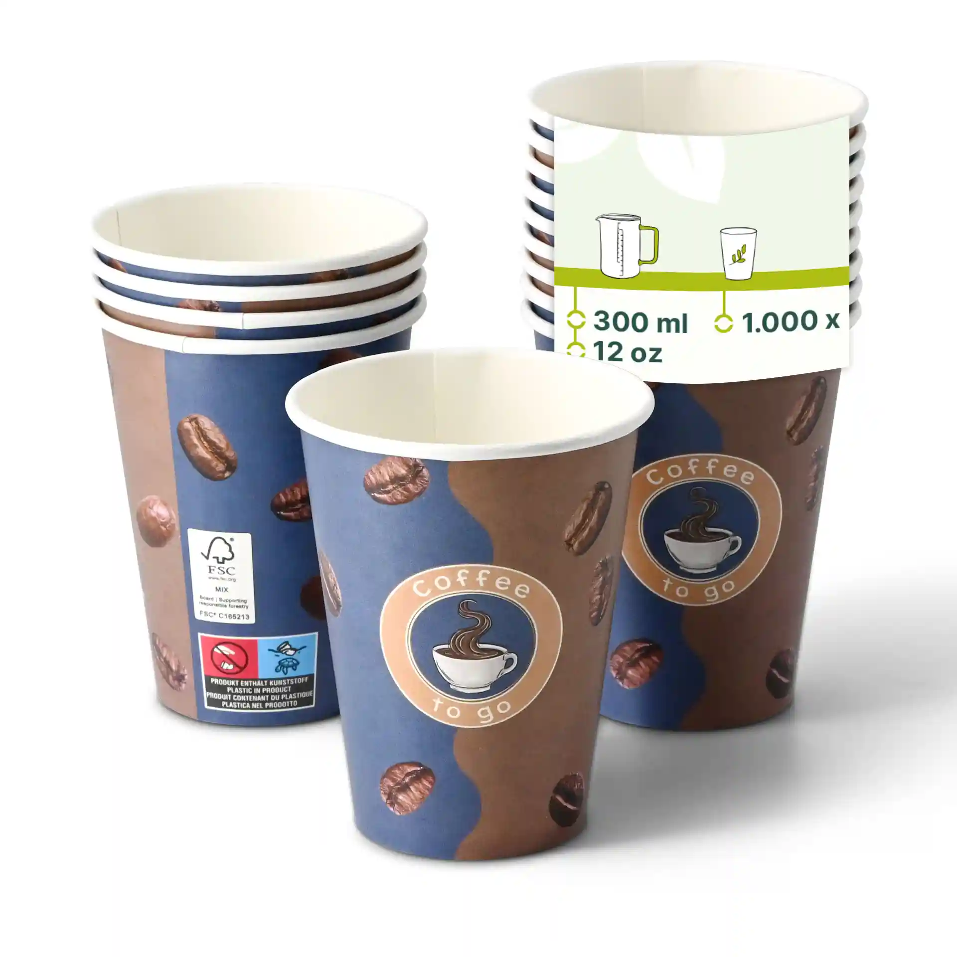 Stack of printed paper cups with coffee bean design, featuring a round shape and a visible logo saying "Coffee to go".