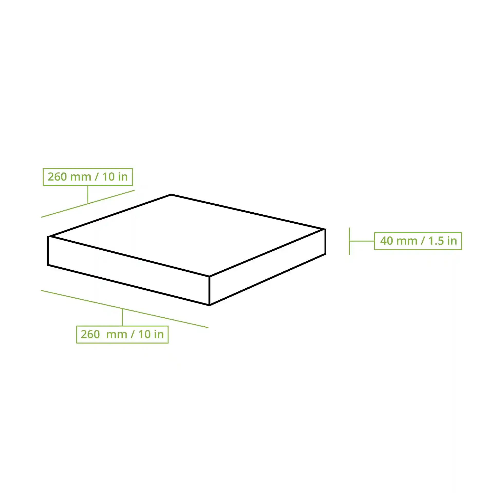 Schematic drawing of a square pizza box with dimensions 260 mm by 260 mm and height 40 mm.