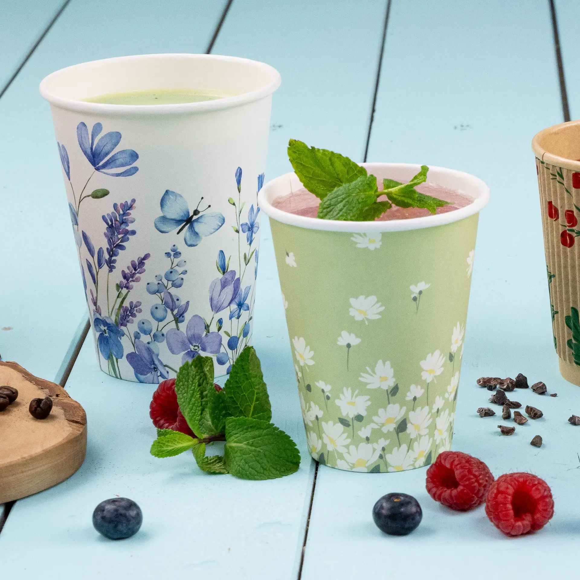 8 oz Paper cups spring 'Daisies' single wall, Ø 80 mm, green dhd041111-pappbecher-fruehling-gaensebluemchen-200-ml-8-oz-80-mm-gruen-7