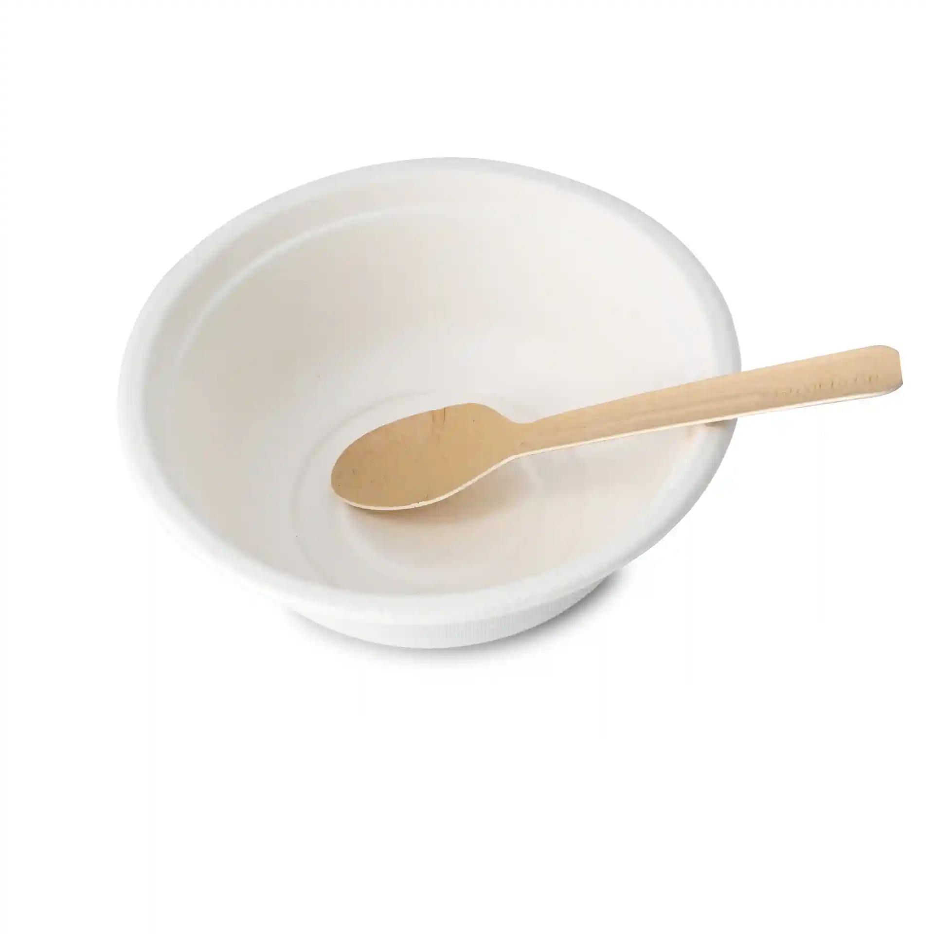 White round sugarcane bowl with a depth of 54 mm and a wooden spoon placed inside.