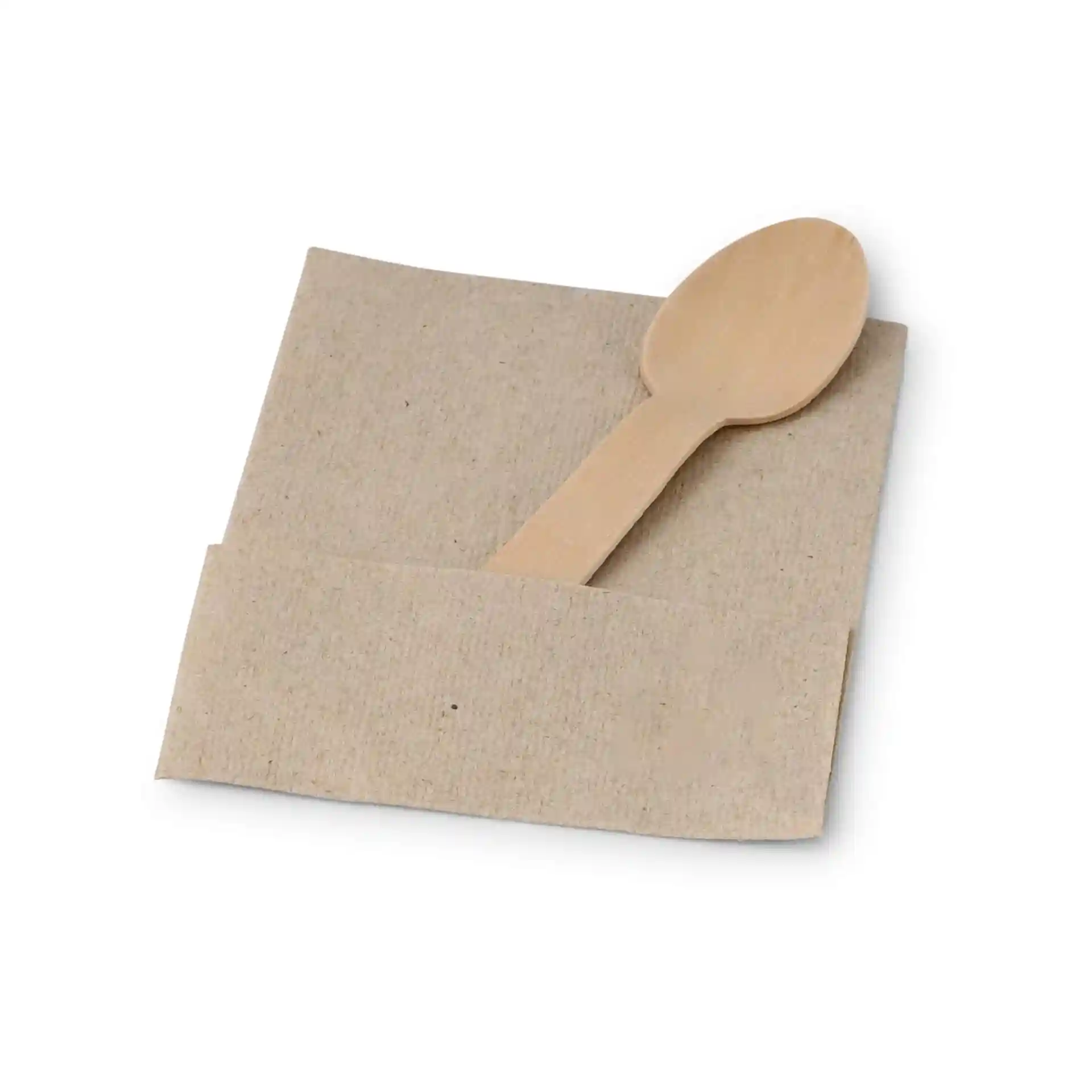 Rectangular unbleached napkin with a wooden spoon placed on top, featuring a recycling symbol.