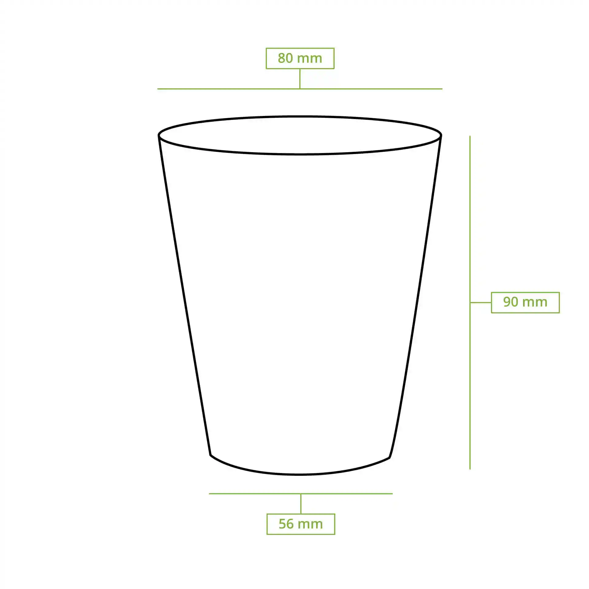 Schematic drawing of a paper cup with dimensions: height 90 mm, top diameter 80 mm, and base diameter 56 mm.