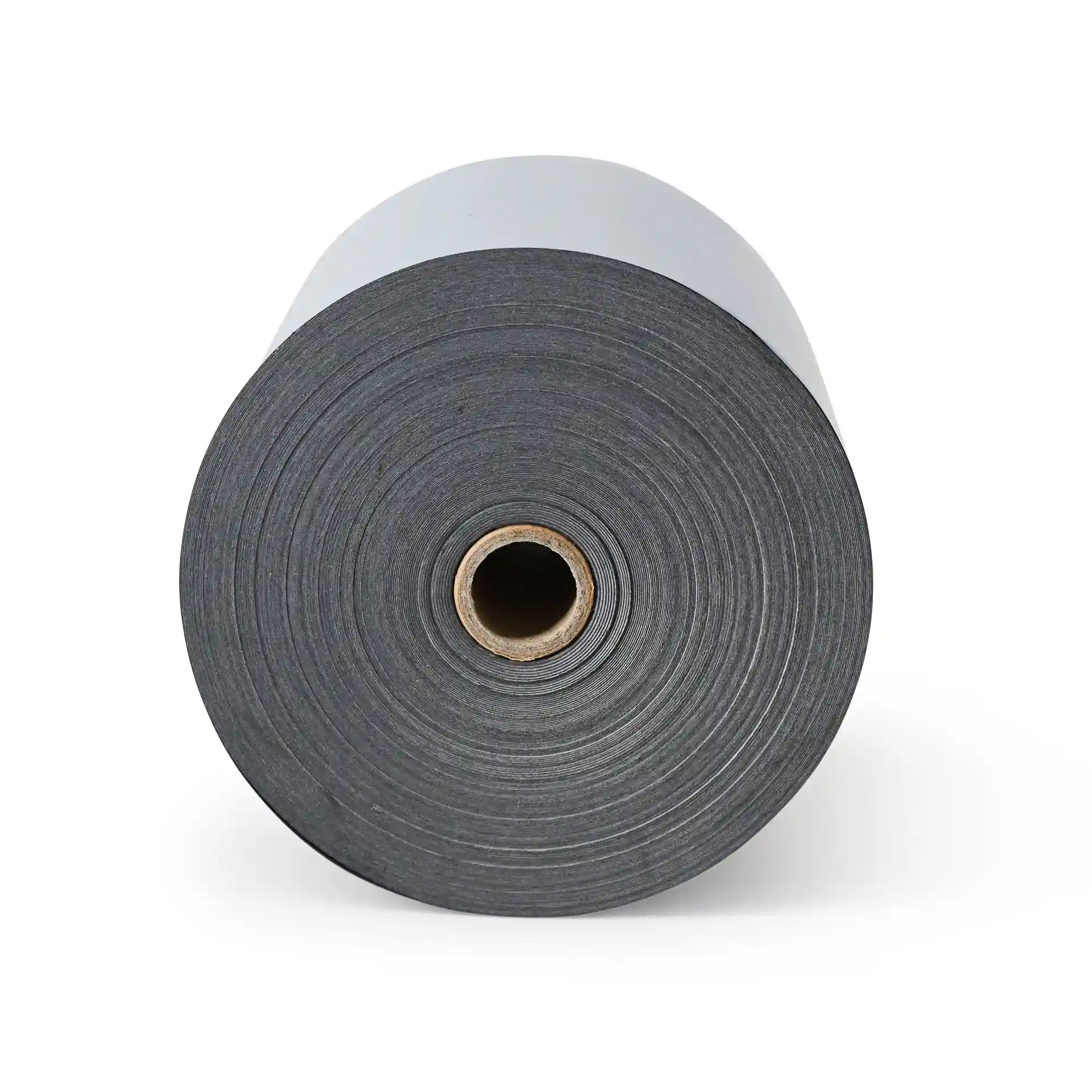 Roll of grey thermal paper with a diameter of 80 mm, showing the end view and a cardboard core.