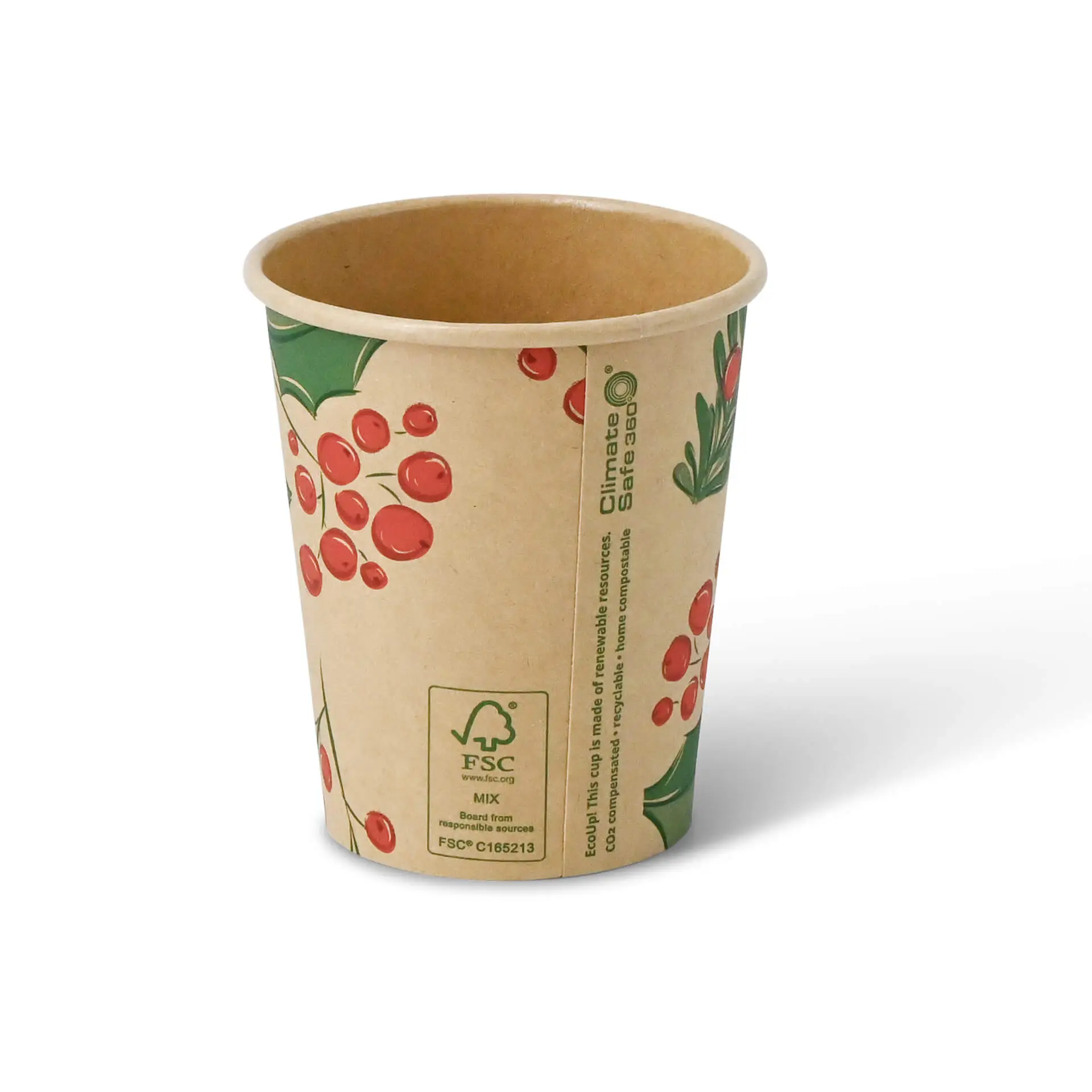 Printed paper cup with a design of red berries and green leaves, made of unbleached cardboard, 8 oz capacity.
