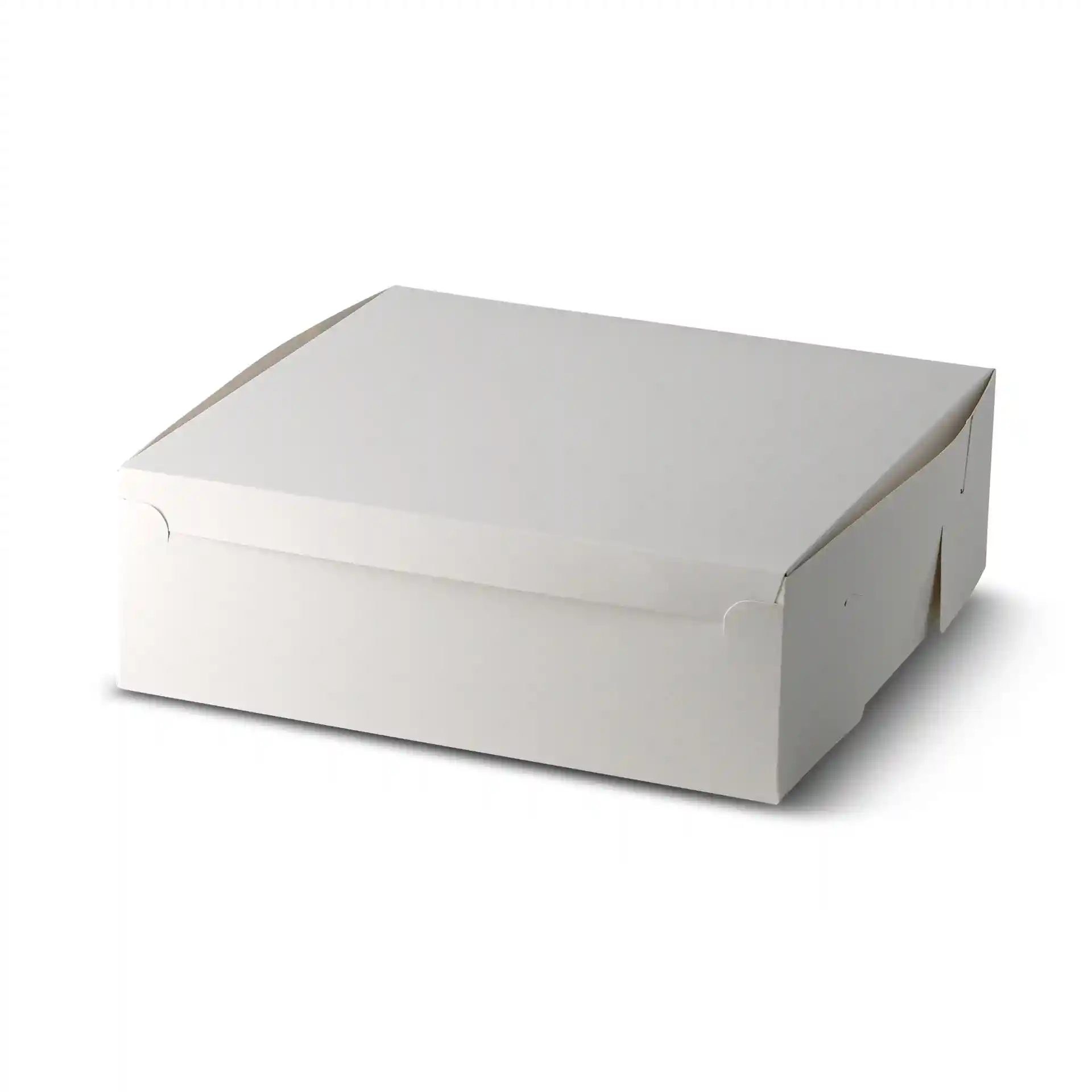 White cake box with a lid, measuring 30.5 x 30.5 x 10 cm.