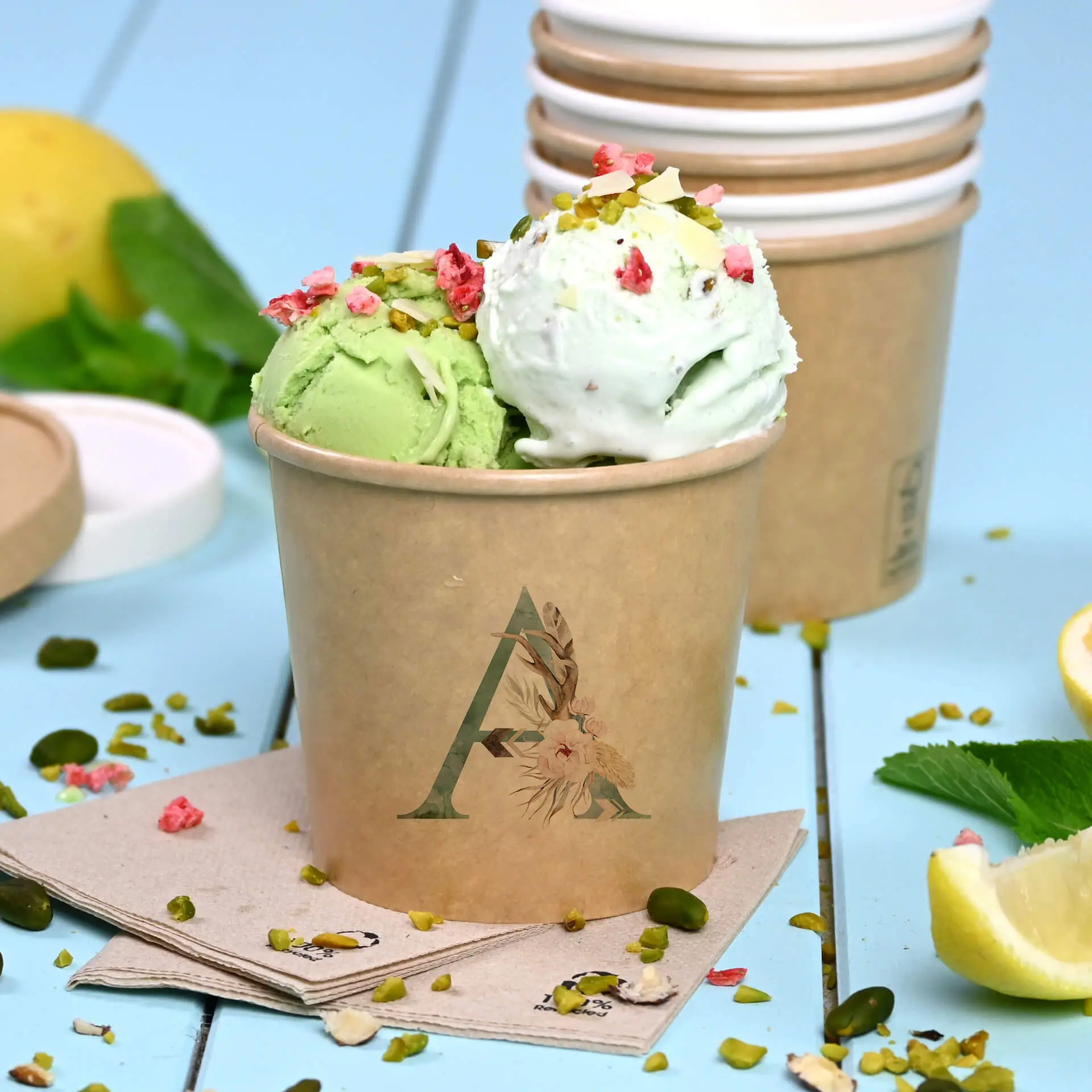 Ice cream in a brown 250 ml cup with a floral logo, topped with pistachios and strawberry bits, on a blue surface.
